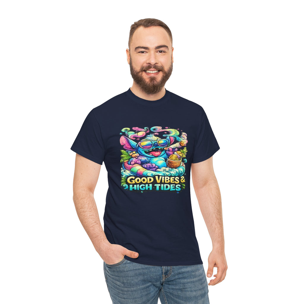 T-Shirt — "Good Vibes & High Tides" Colorful Surf Shark Graphic Tee