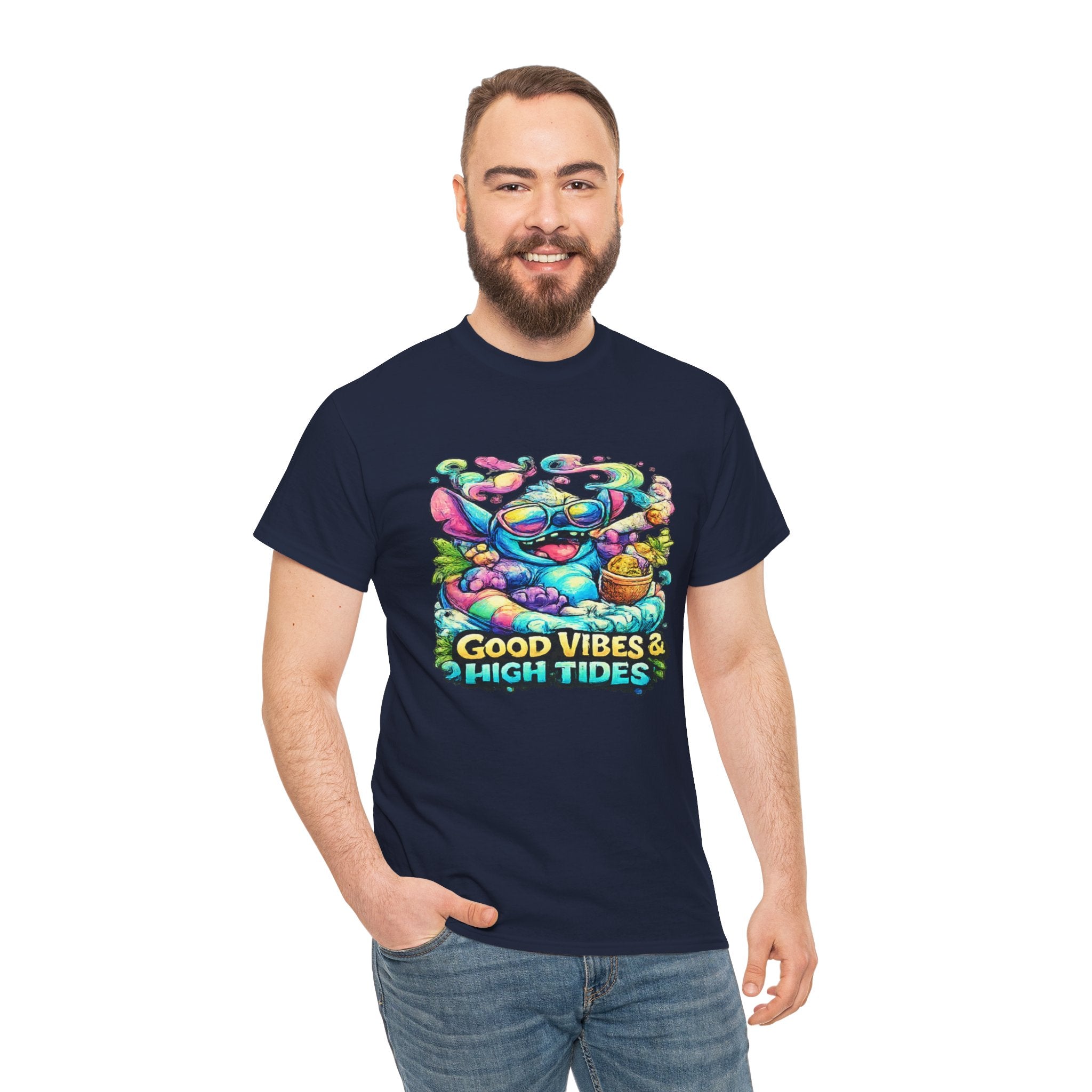 T-Shirt — "Good Vibes & High Tides" Colorful Surf Shark Graphic Tee
