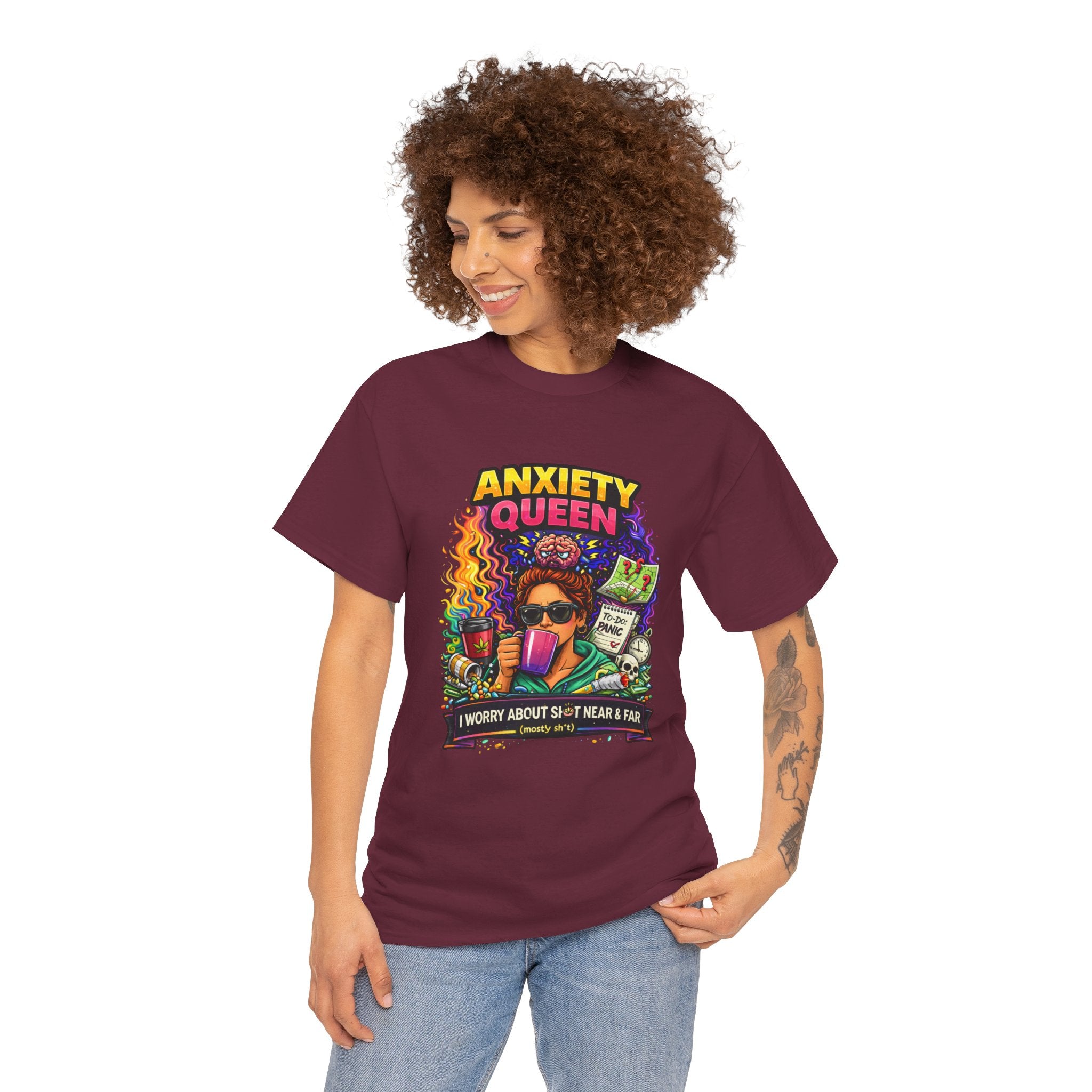 Anxiety Queen T-Shirt – Funny Mental Health Graphic Tee (“I Worry About Sh*t Near & Far”)
