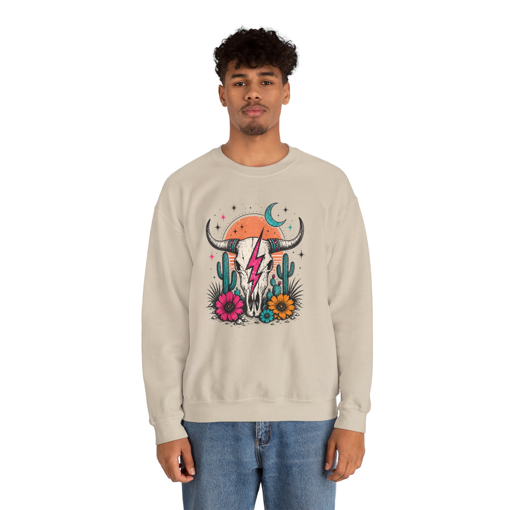 Southwest Skull Crewneck Sweatshirt — Desert Cactus Lightning Graphic