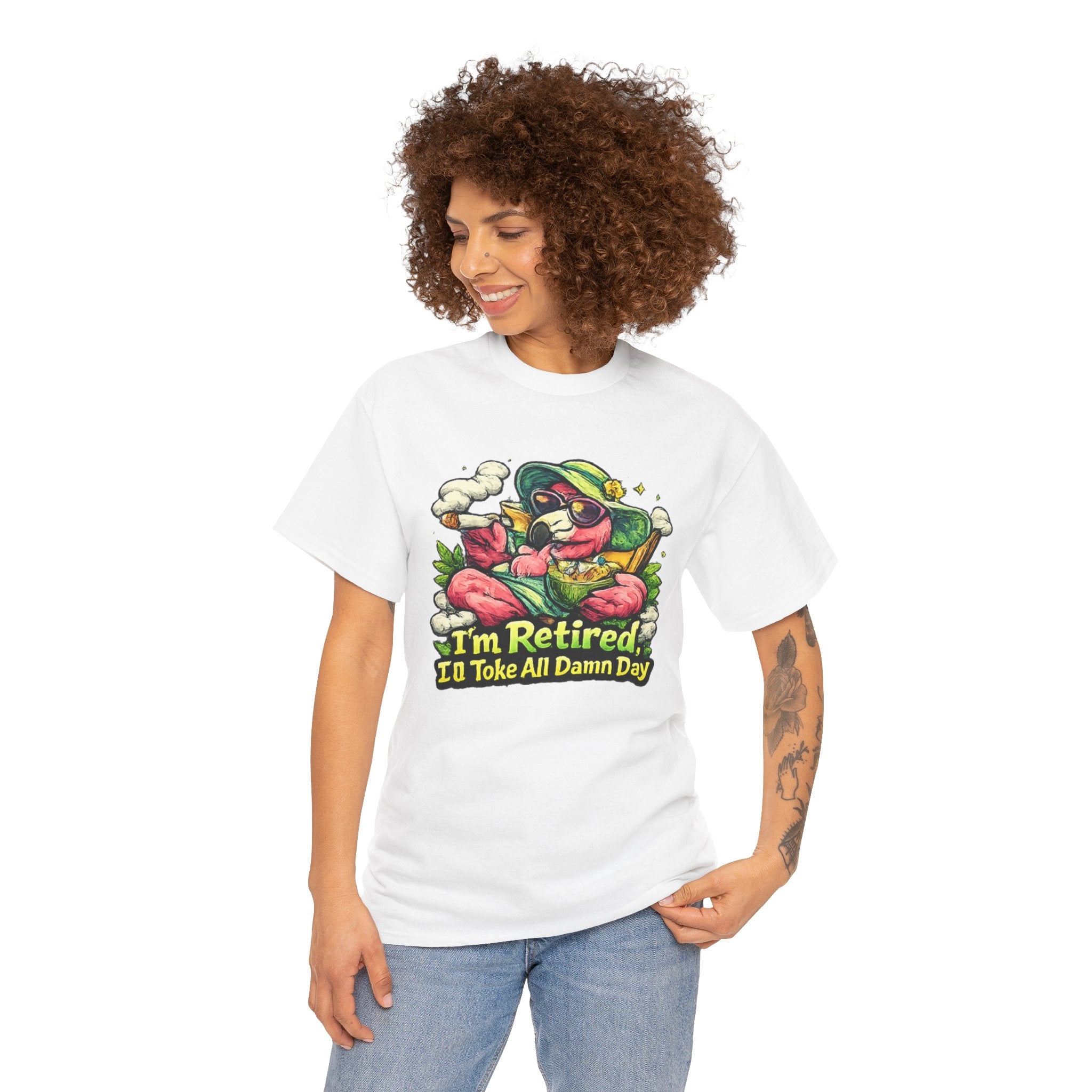 Retired Flamingo Tee — "I'm Retired, I'll Take All Damn Day" Retirement Humor T-Shirt