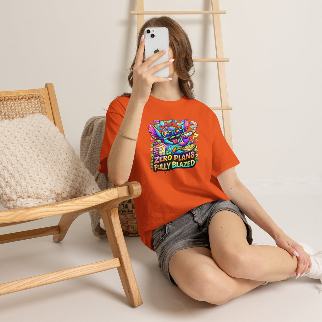 Zero Plans Fully Blazed Tee — Colorful Stoner Cat Graphic T-Shirt