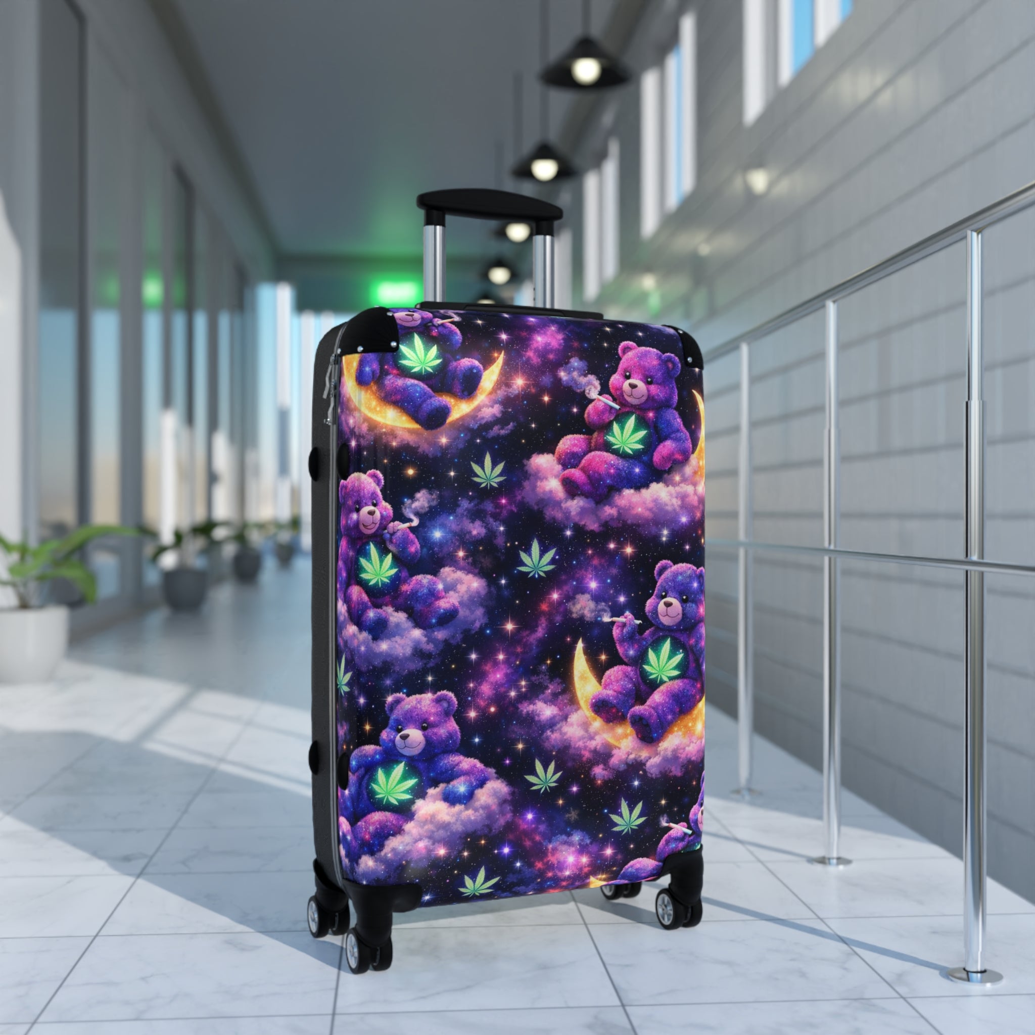 Cosmic Candy Bears Carry-On Suitcase – Purple Dreamscape Luggage with Moon & Cloud Bears
