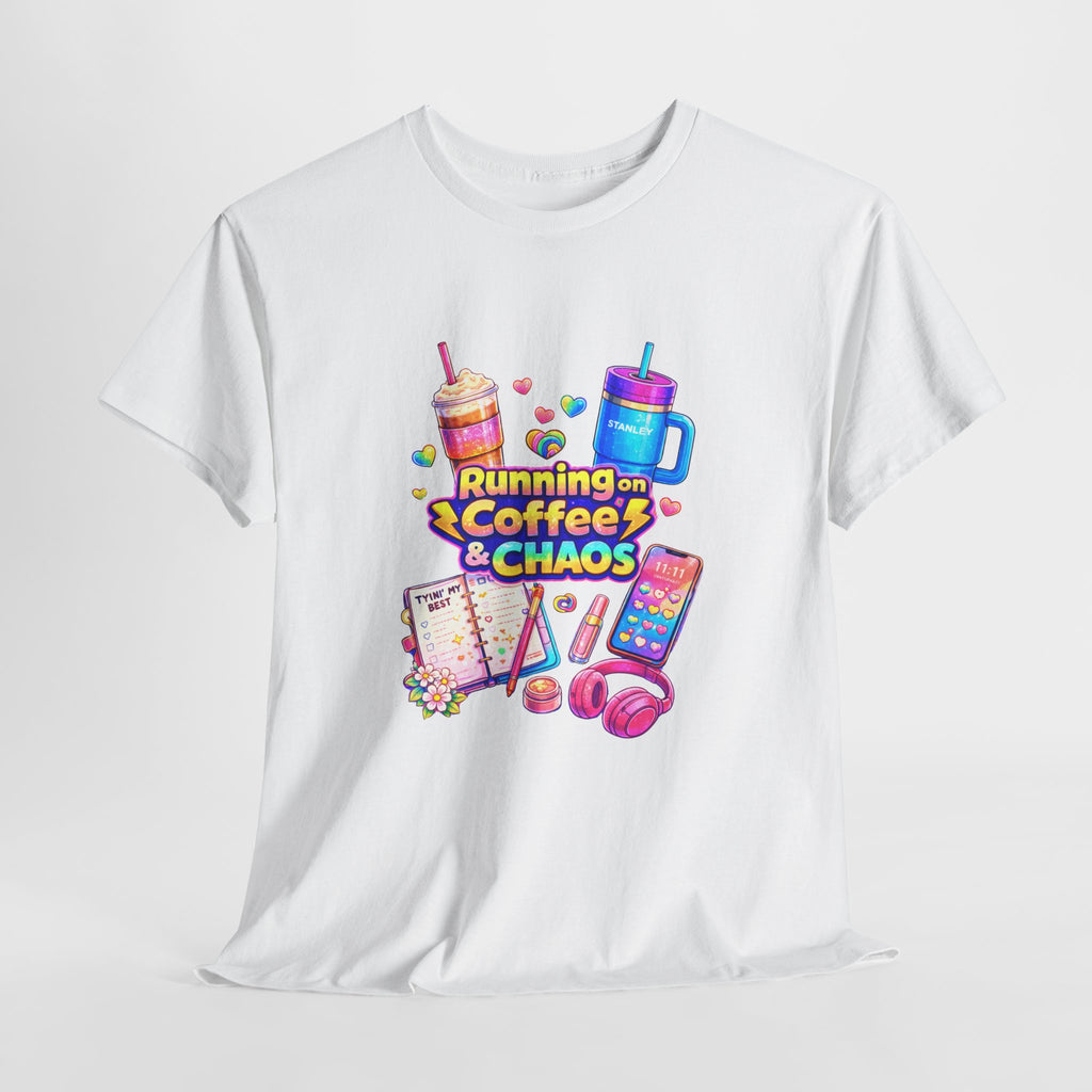 Graphic Tee — "Running on Coffee & Chaos" Colorful Planner Lover Shirt