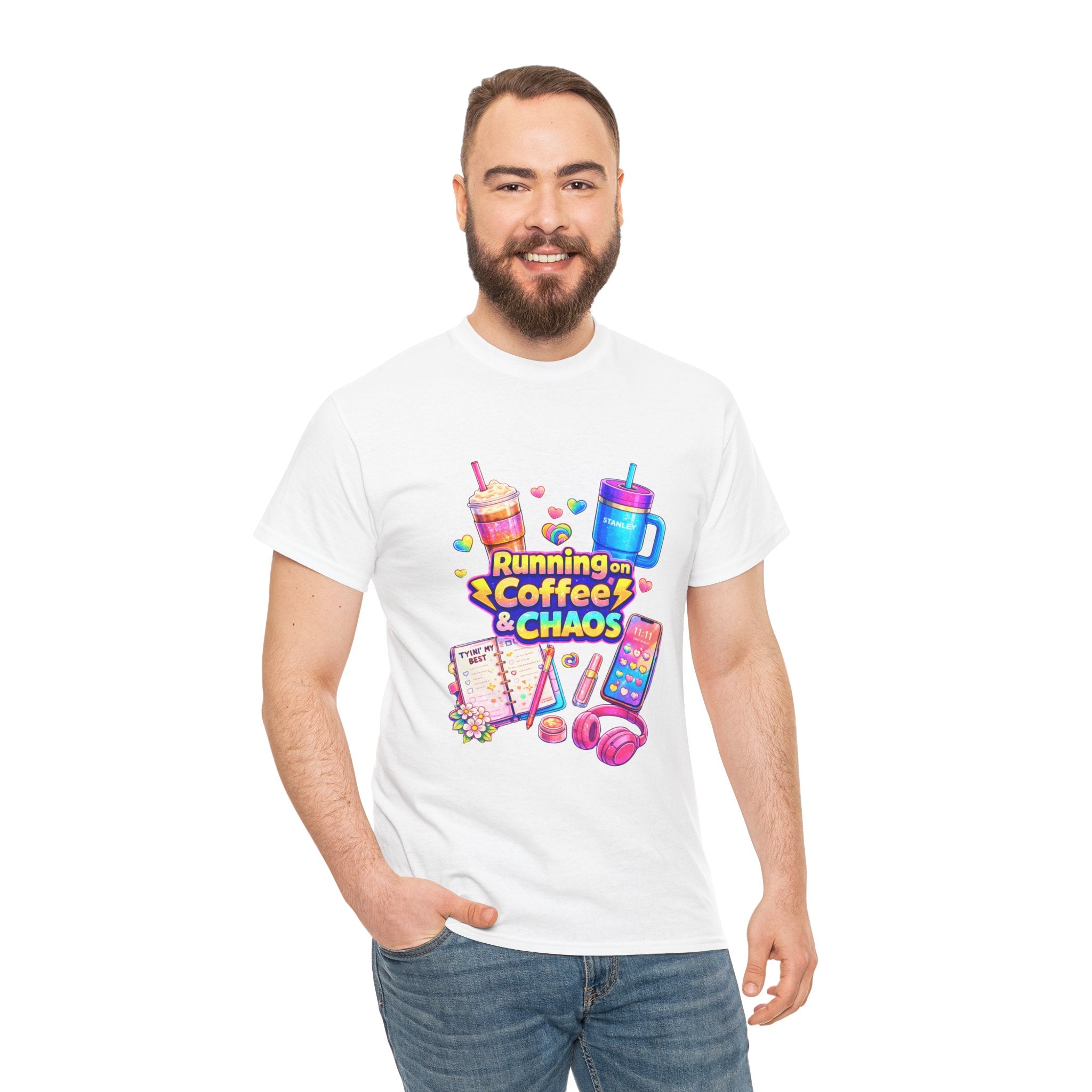Graphic Tee — "Running on Coffee & Chaos" Colorful Planner Lover Shirt