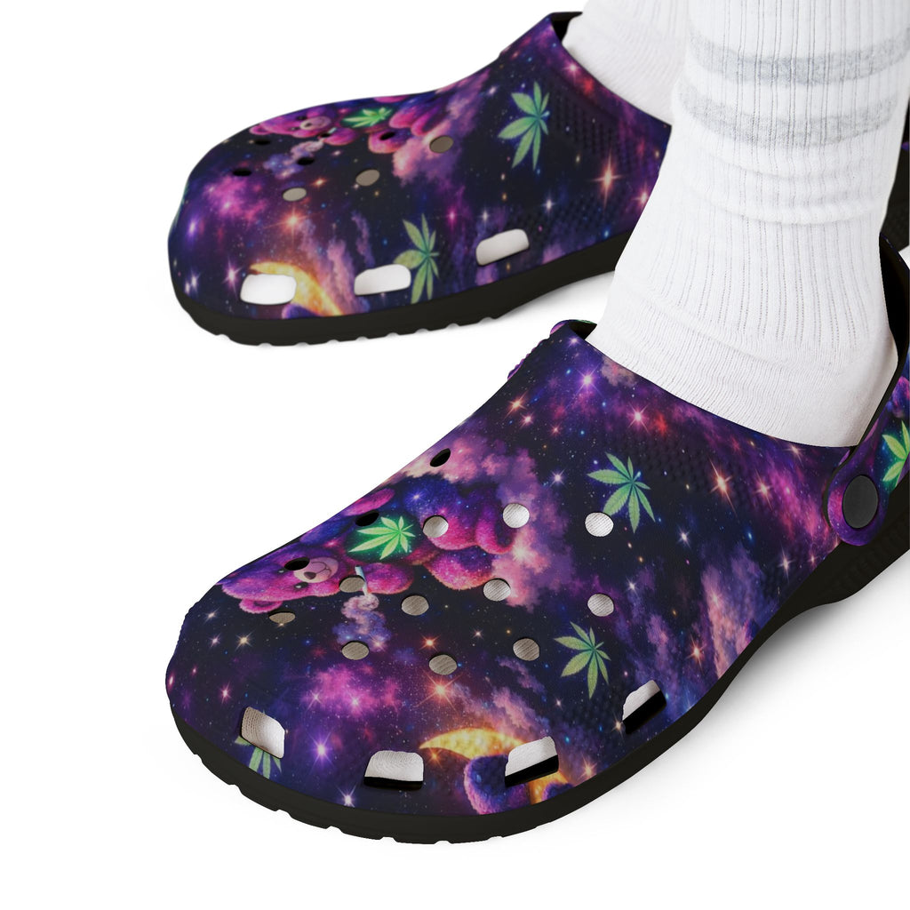 Celestial Teddy Moon EVA Clogs — Purple Galaxy Forest Print Foam Shoes