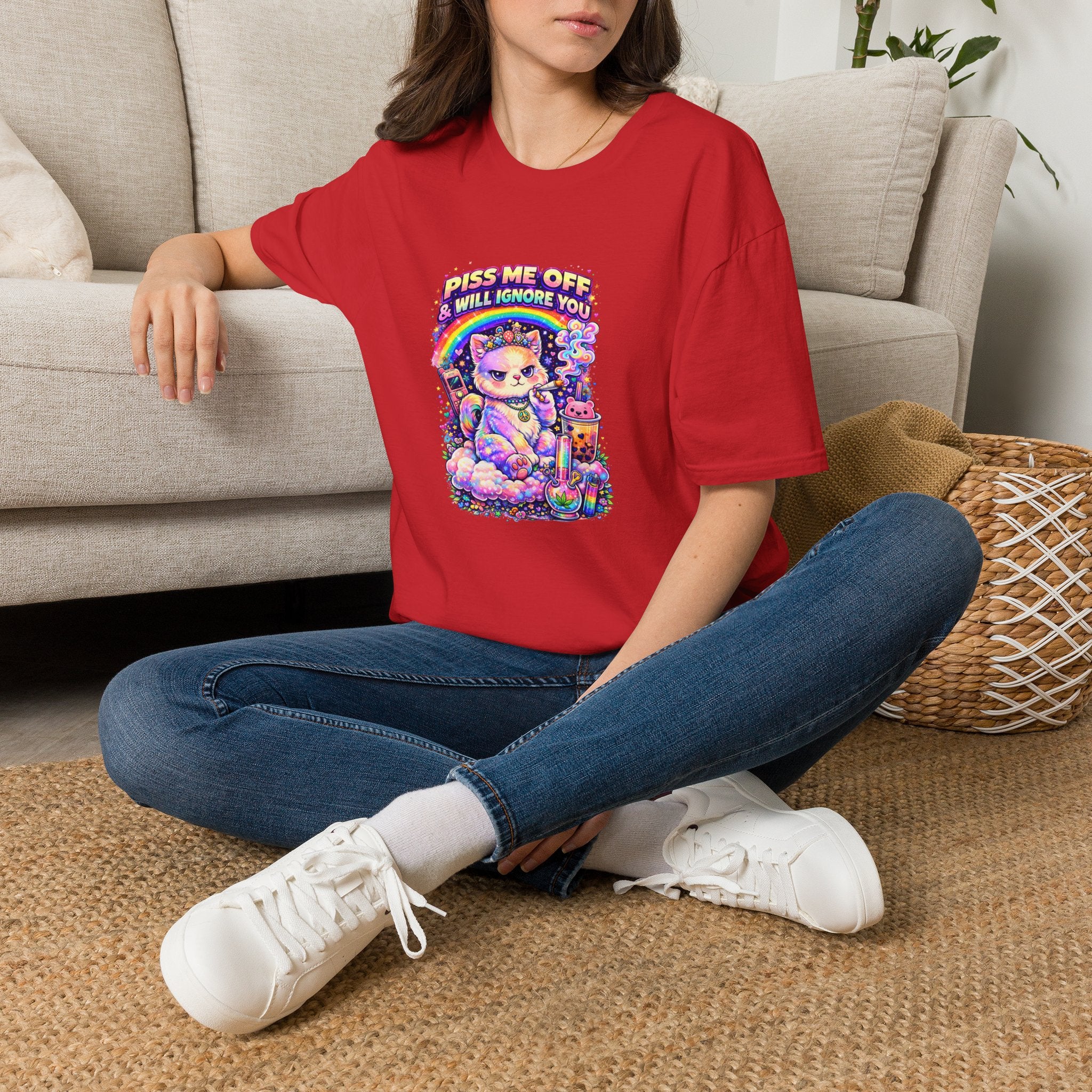 Graphic T-Shirt — "Piss Me Off & I Will Ignore You" Cute Grumpy Cat Rainbow Design