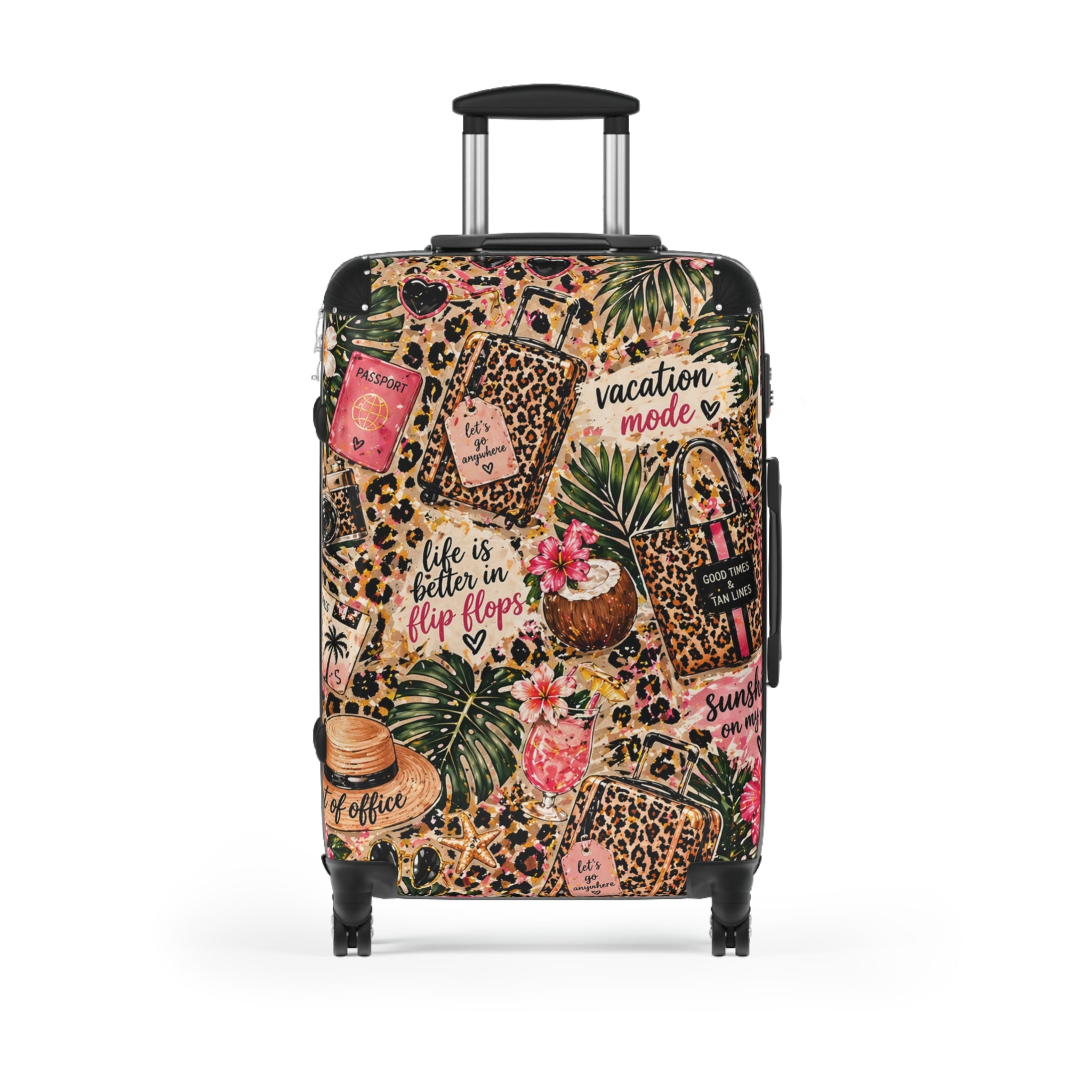 Leopard Tropical "Vacation Mode" Suitcase — Cabin Luggage Cover with ‘Life Is Better in Flip Flops’ Design