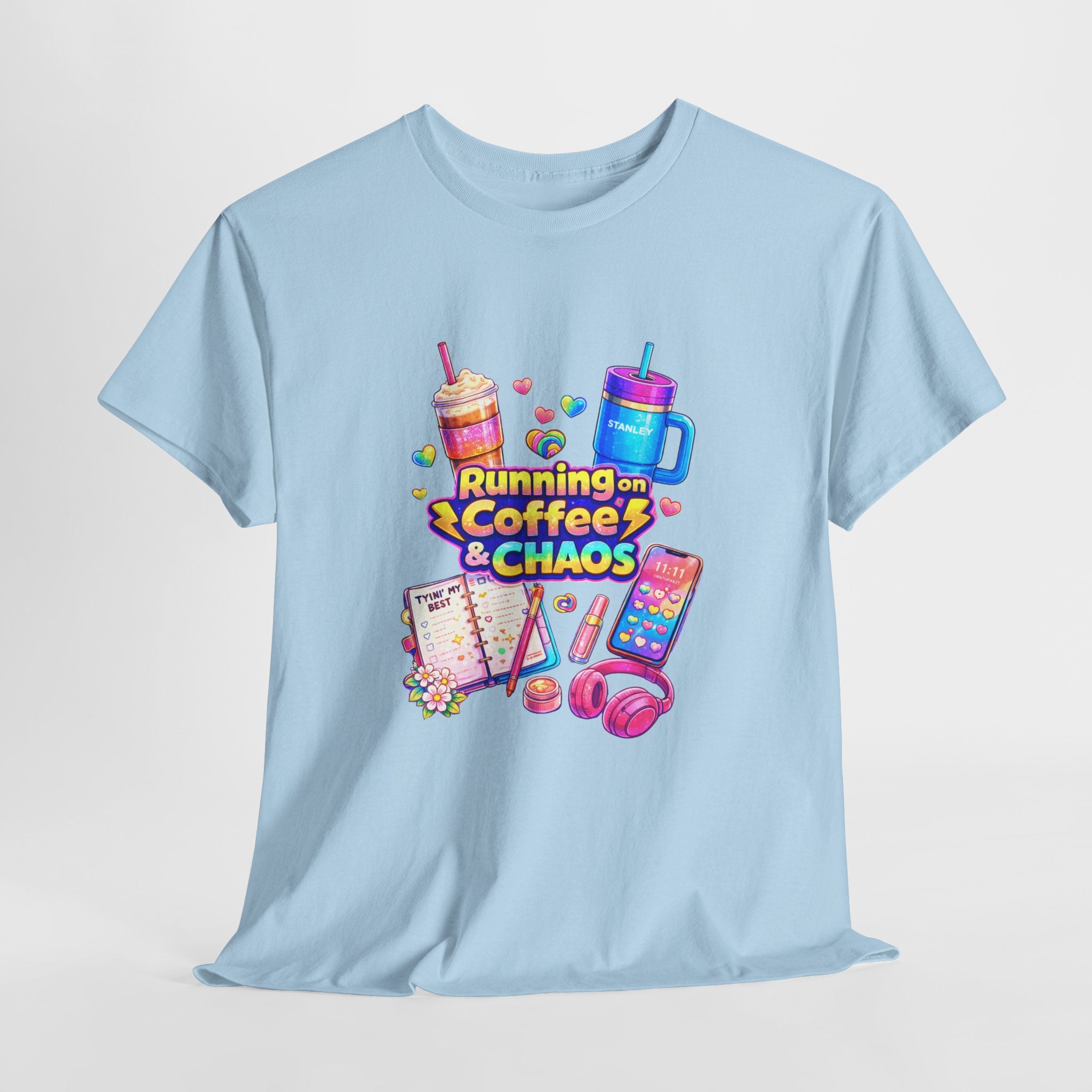 Graphic Tee — "Running on Coffee & Chaos" Colorful Planner Lover Shirt