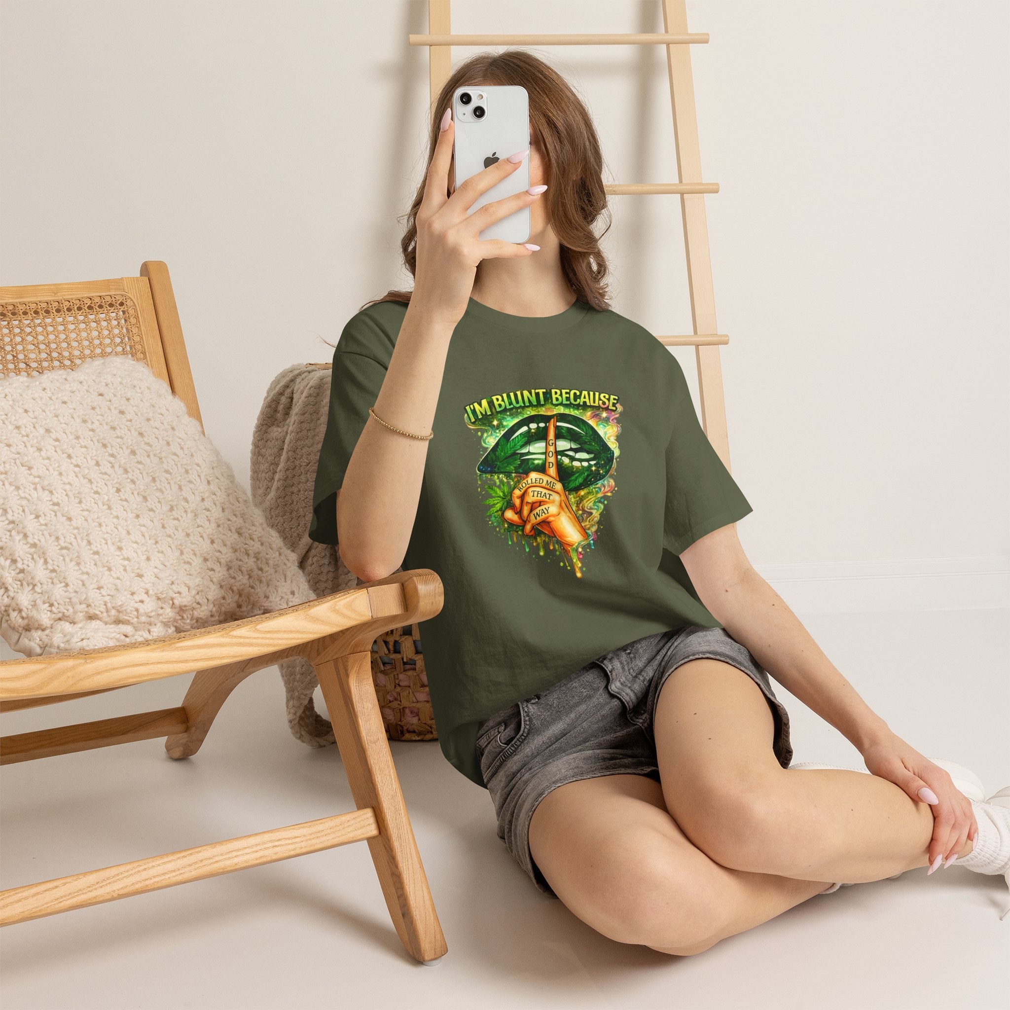 “I’m Blunt Because” Graphic Tee with Cannabis Leaf & Finger-On-Lips Design
