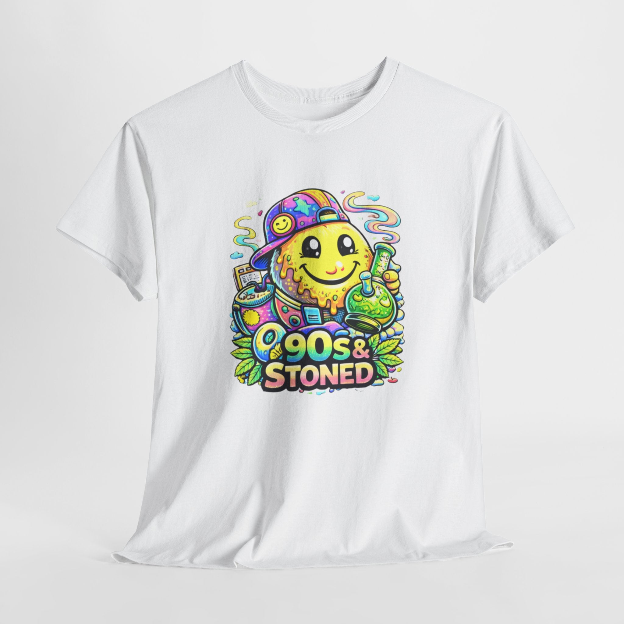 90s & Stoned Smiley Tee — Retro Vaporwave Cannabis Graphic T-Shirt