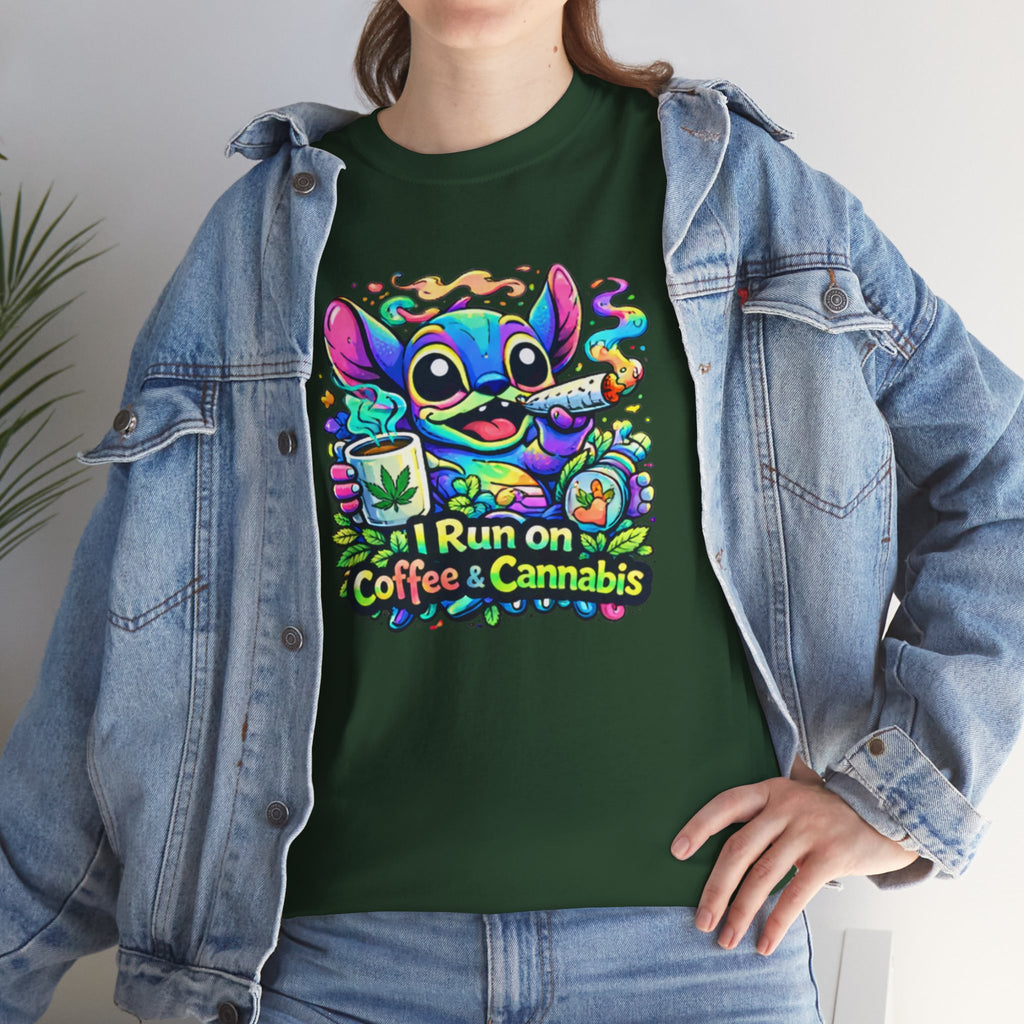 Coffee & Cannabis Tee — 'I Run on Coffee & Cannabis' Cute Stitch Graphic T-Shirt