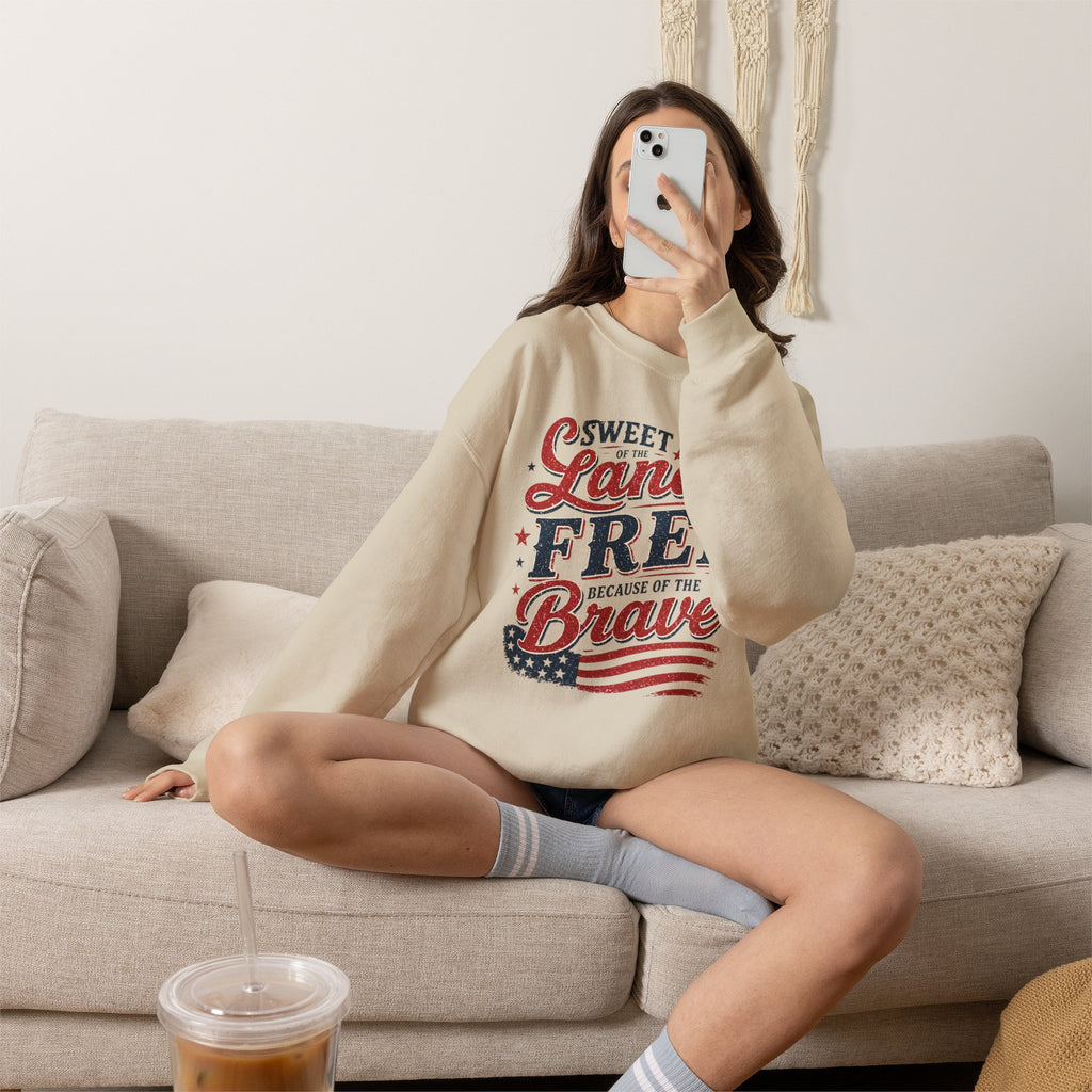 Crewneck Sweatshirt — "Sweet Land Free Because of the Brave" Patriotic Flag Design