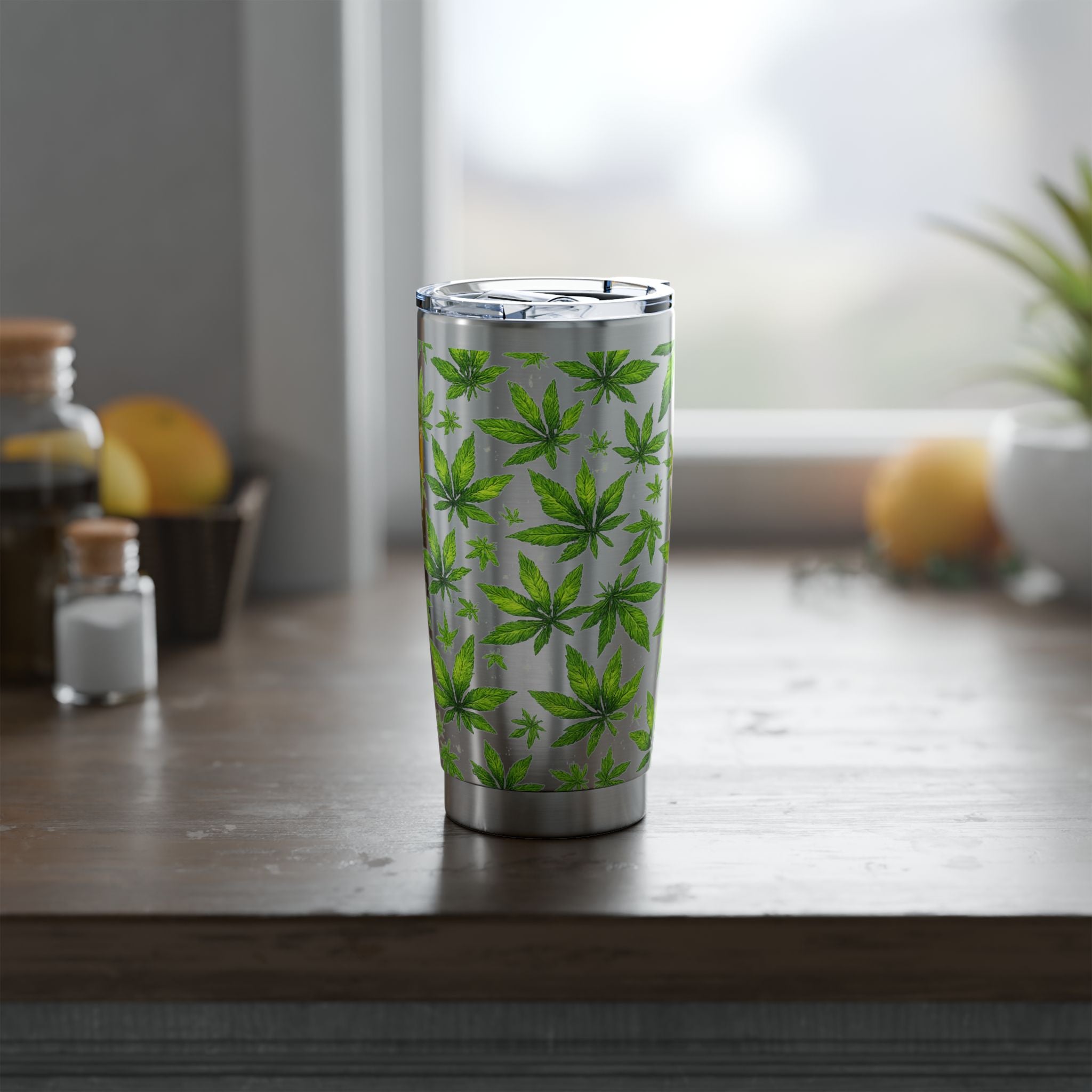 Cannabis Leaf 20oz Tumbler – Green Marijuana Pattern Insulated Travel Cup