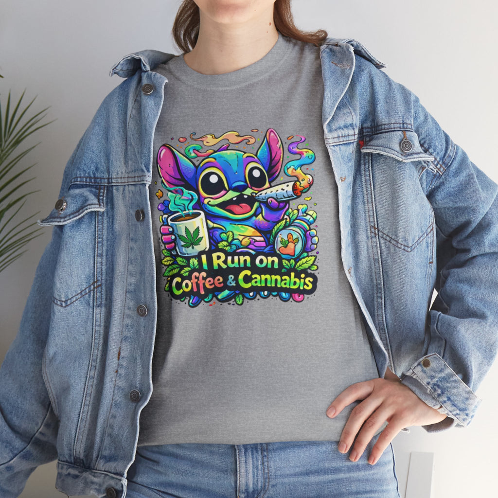 Coffee & Cannabis Tee — 'I Run on Coffee & Cannabis' Cute Stitch Graphic T-Shirt