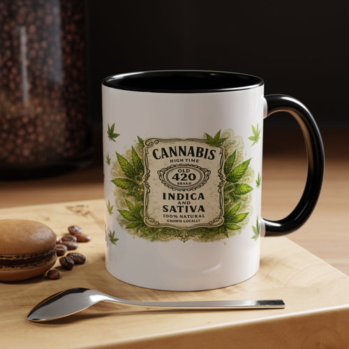 Cannabis 420 Accent Coffee Mug — Indica & Sativa Leaf Pattern (11/15oz)