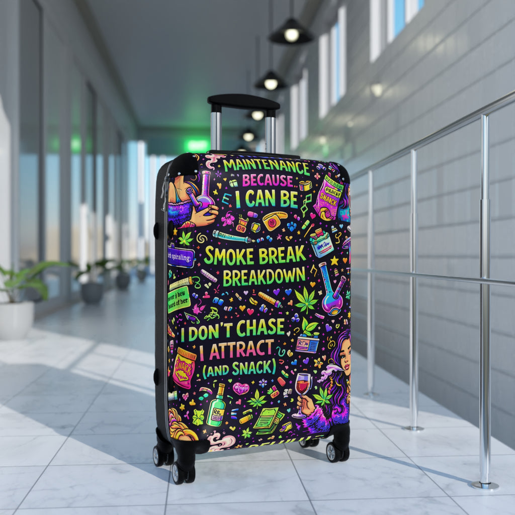 Suitcase — Colorful Cannabis Self-Care Carry-On: "Maintenance Because I Can Be" Travel Luggage