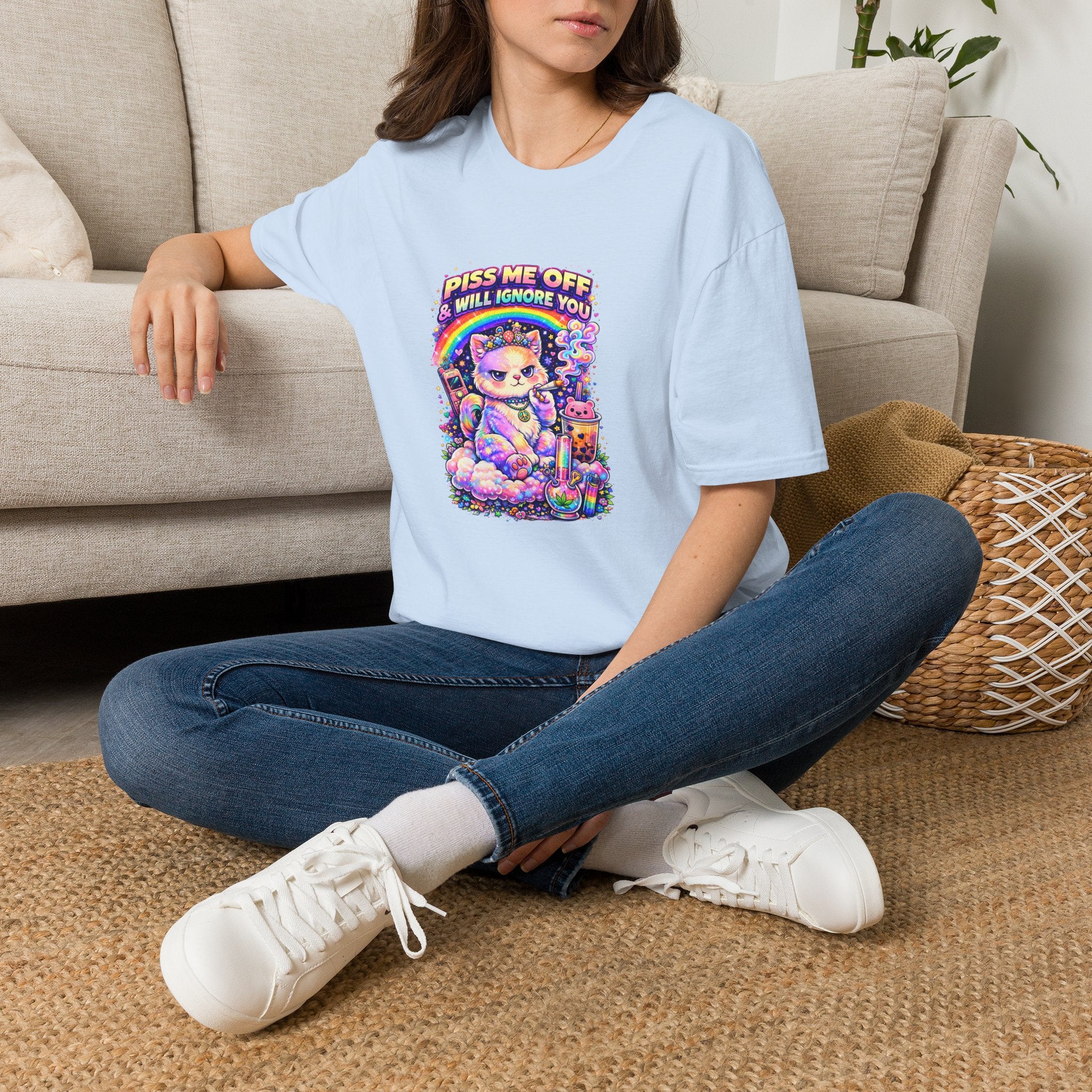 Graphic T-Shirt — "Piss Me Off & I Will Ignore You" Cute Grumpy Cat Rainbow Design