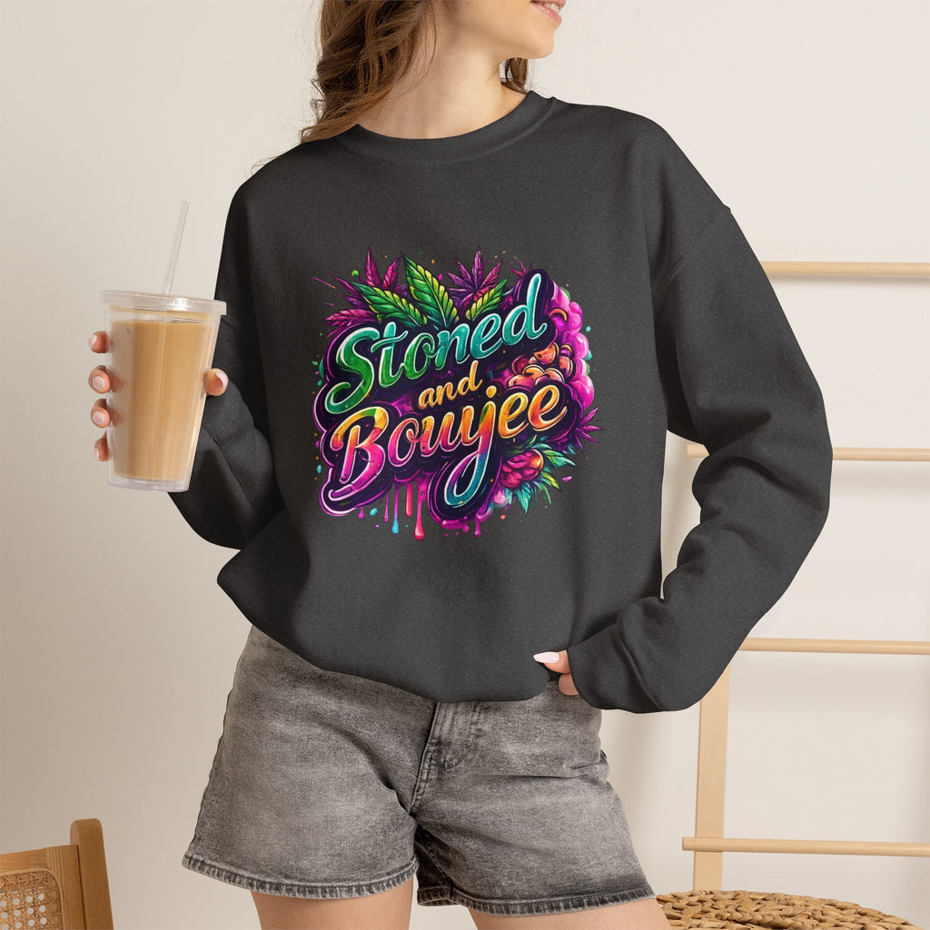 Crewneck Sweatshirt — "Stoned and Boujee" Colorful Cannabis Graphic
