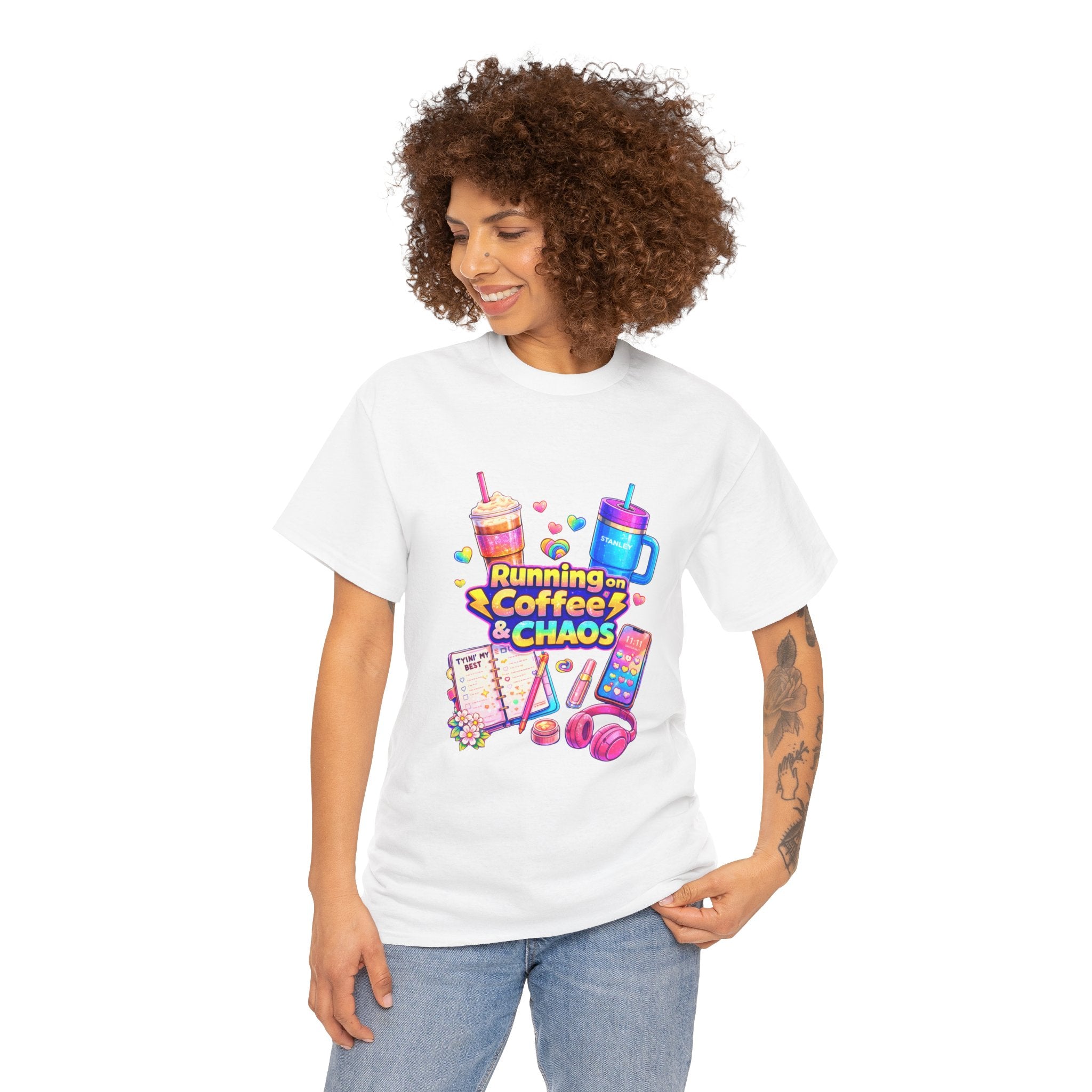 Graphic Tee — "Running on Coffee & Chaos" Colorful Planner Lover Shirt