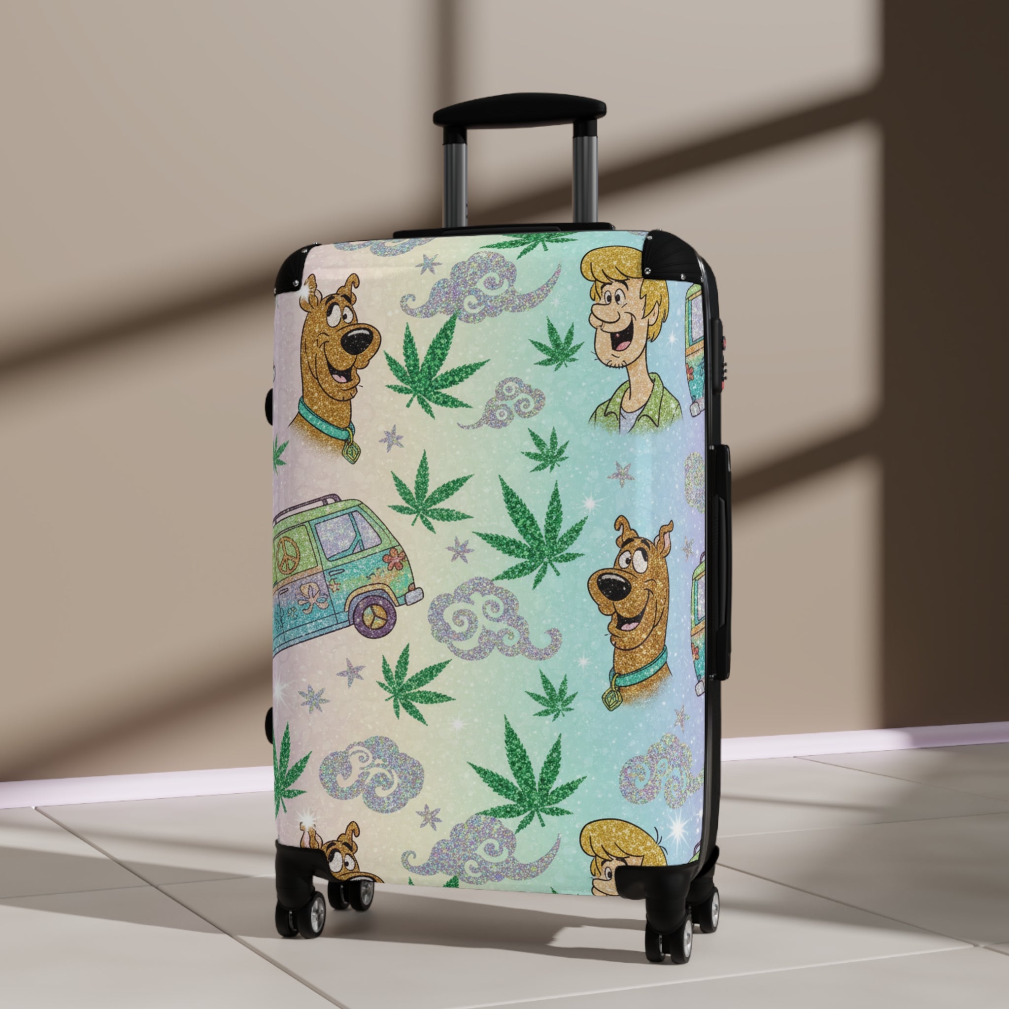 Scooby-Doo Cannabis Pattern Suitcase – Retro Van & Leaf Travel Luggage