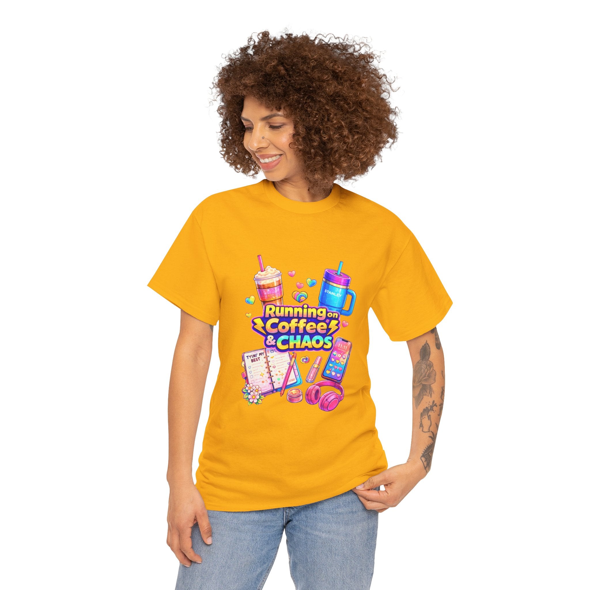 Graphic Tee — "Running on Coffee & Chaos" Colorful Planner Lover Shirt