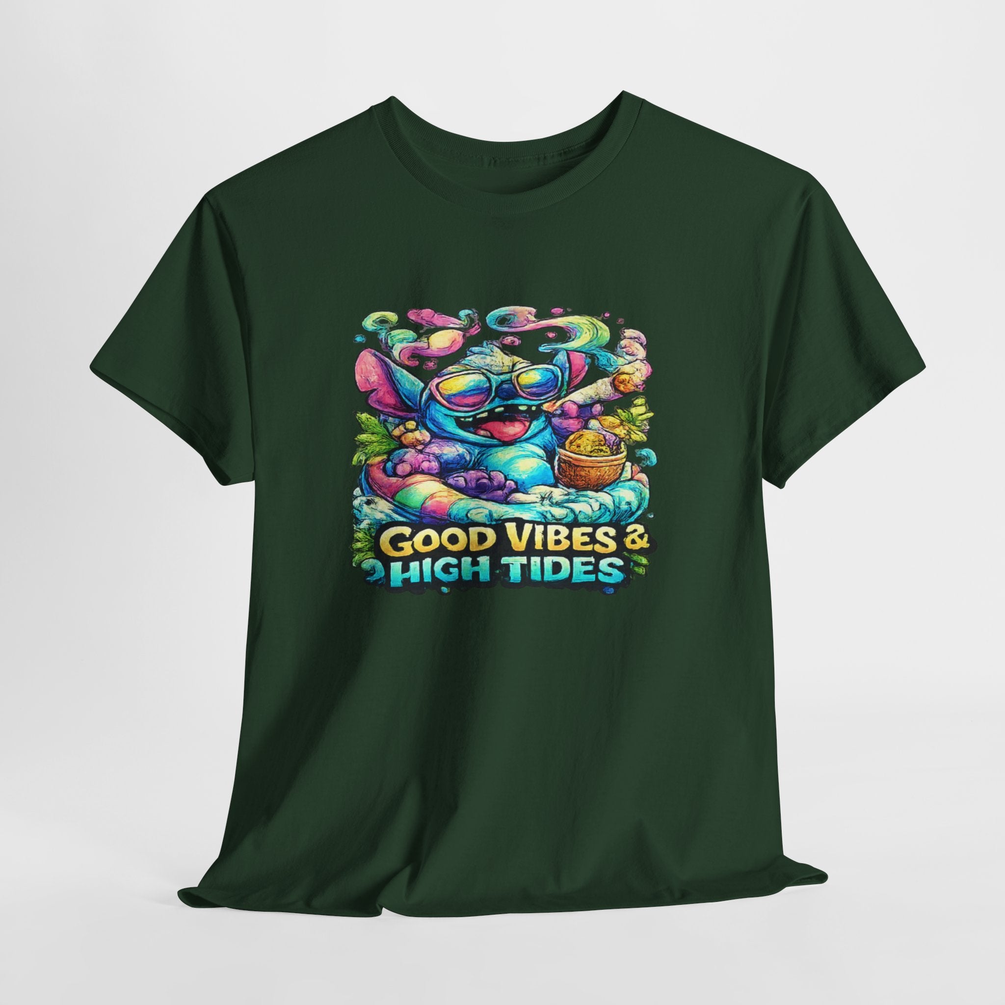 T-Shirt — "Good Vibes & High Tides" Colorful Surf Shark Graphic Tee
