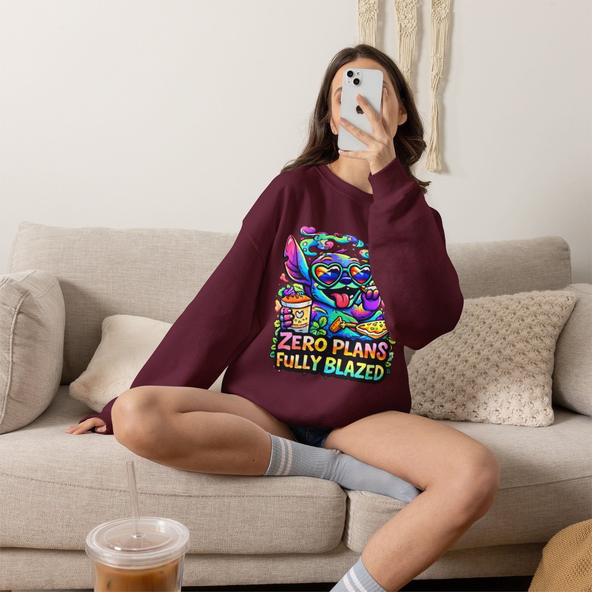 Crewneck Sweatshirt — "Zero Plans Fully Blazed" Colorful Stoner Cartoon Graphic
