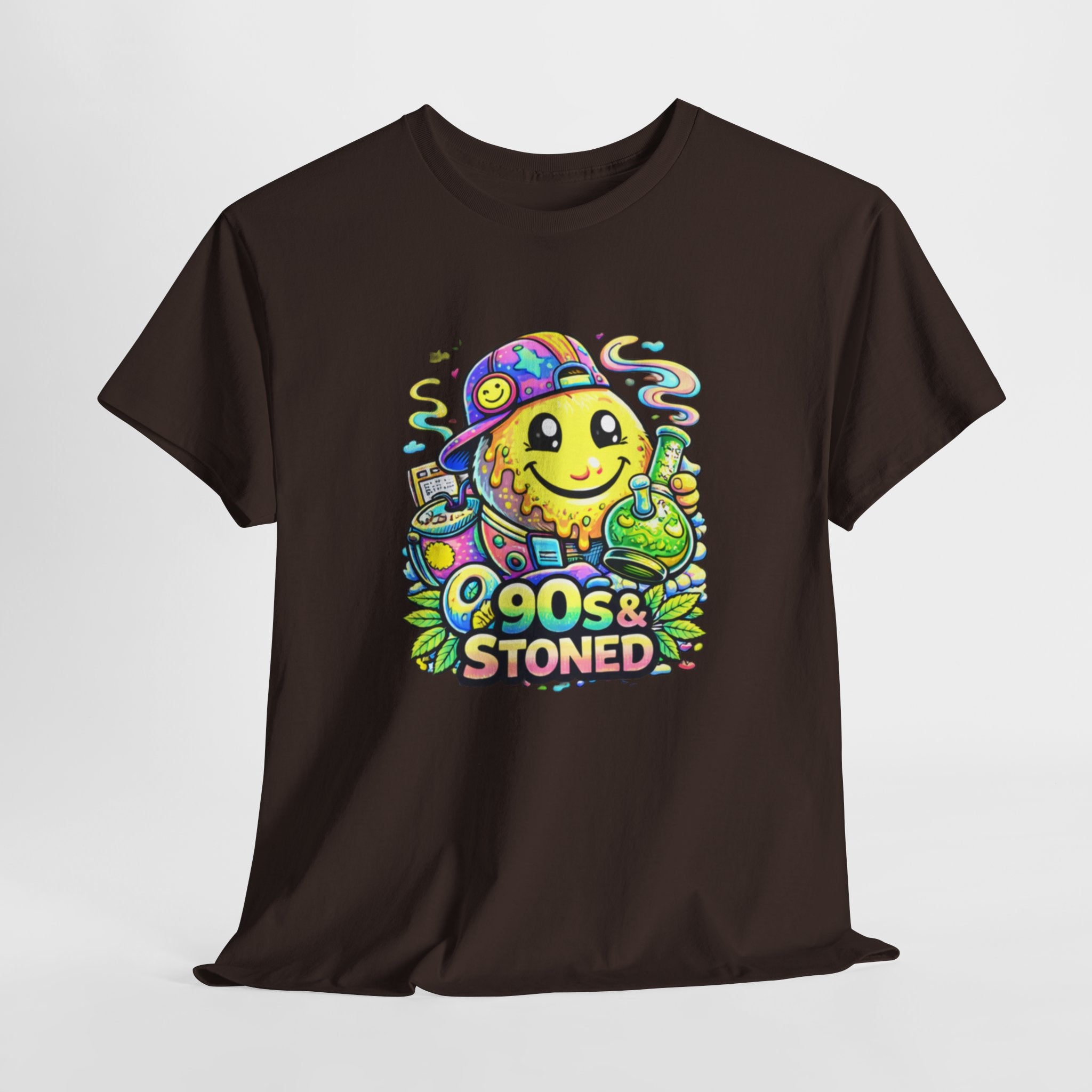 90s & Stoned Smiley Tee — Retro Vaporwave Cannabis Graphic T-Shirt