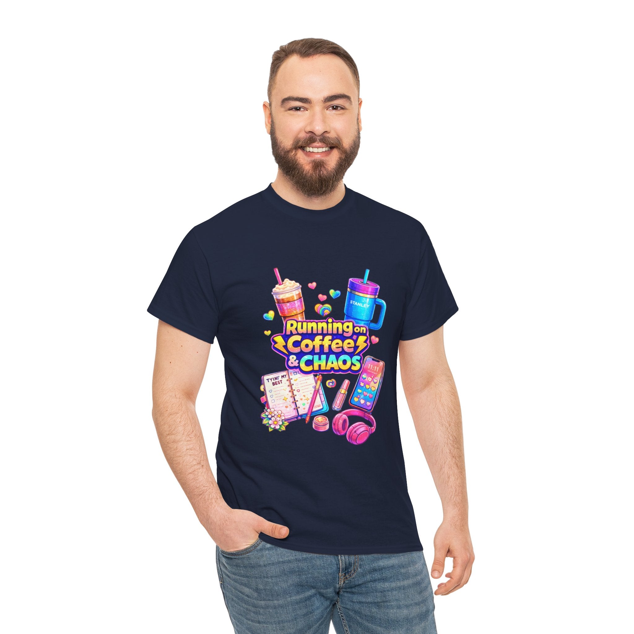 Graphic Tee — "Running on Coffee & Chaos" Colorful Planner Lover Shirt
