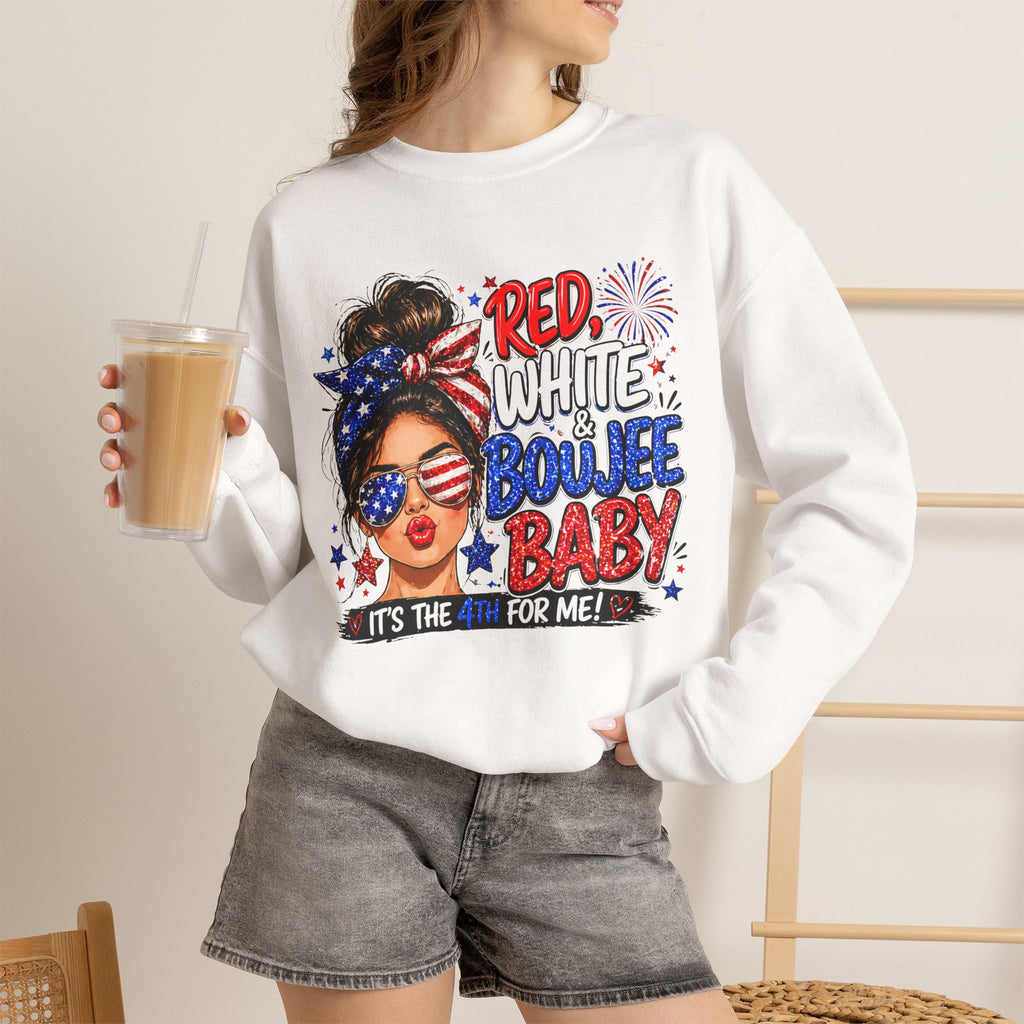 Crewneck Sweatshirt — "Red White Boujee Baby" Patriotic Women's 4th of July Graphic