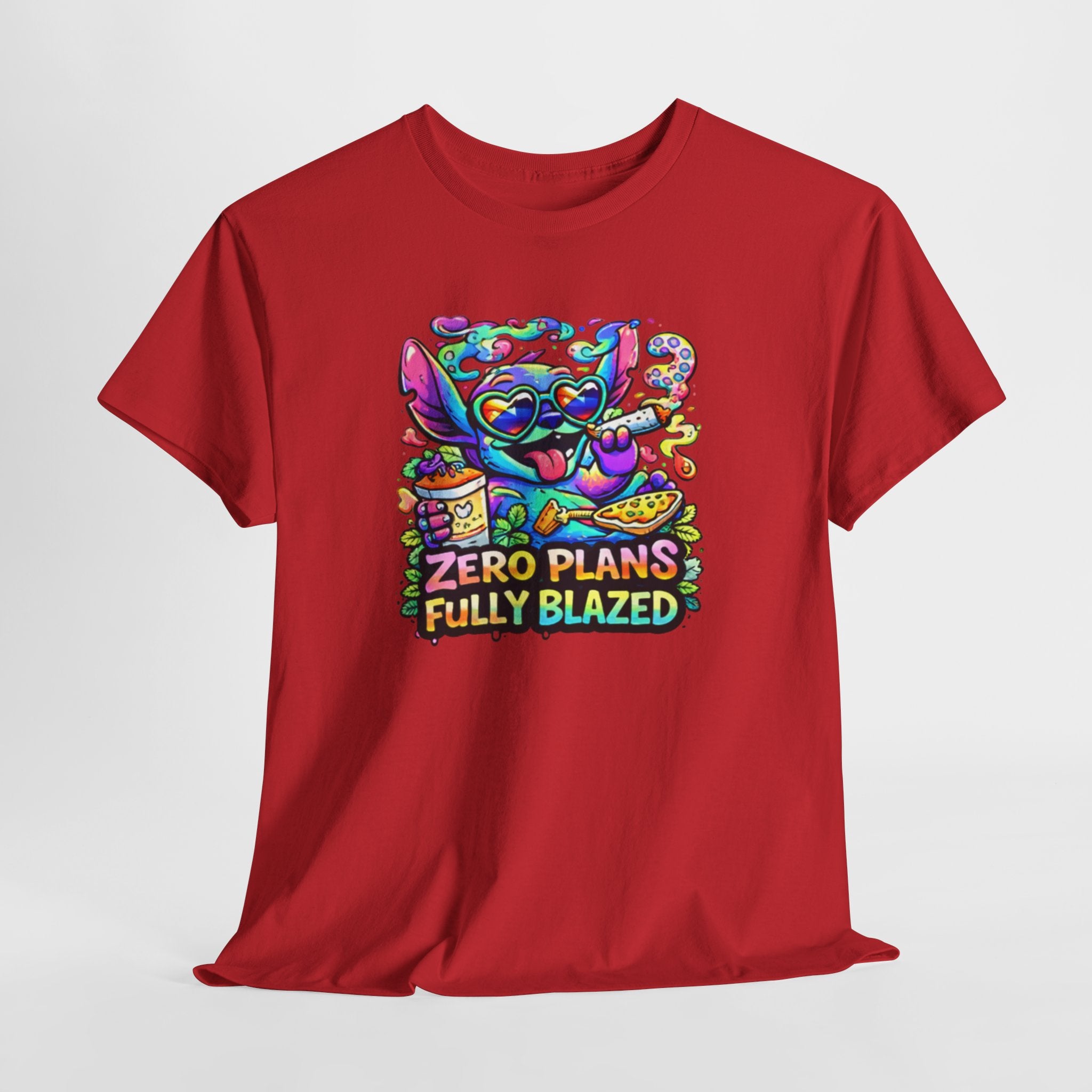 Zero Plans Fully Blazed Tee — Colorful Stoner Cat Graphic T-Shirt