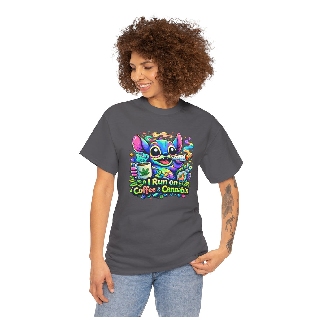 Coffee & Cannabis Tee — 'I Run on Coffee & Cannabis' Cute Stitch Graphic T-Shirt