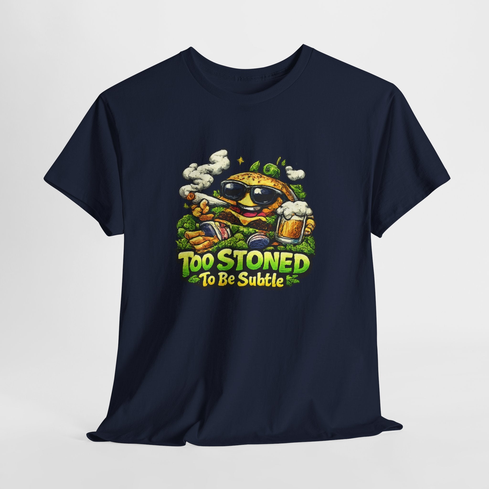 Too Stoned To Be Subtle Tee - Funny Retro Cartoon Burger Cannabis T-Shirt