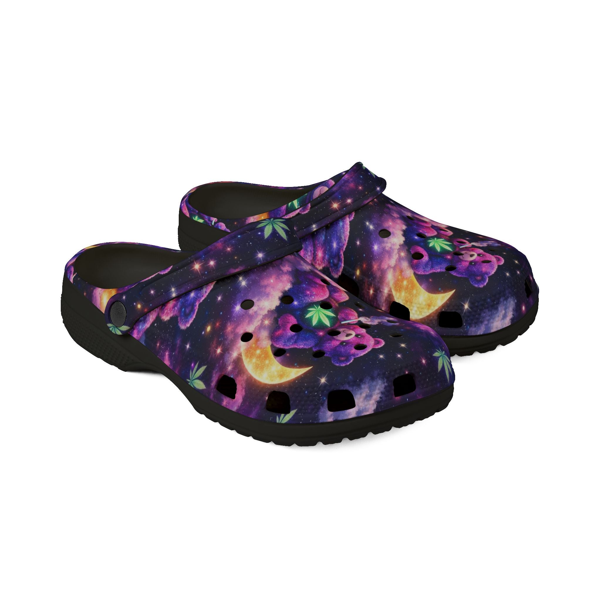 Celestial Teddy Moon EVA Clogs — Purple Galaxy Forest Print Foam Shoes