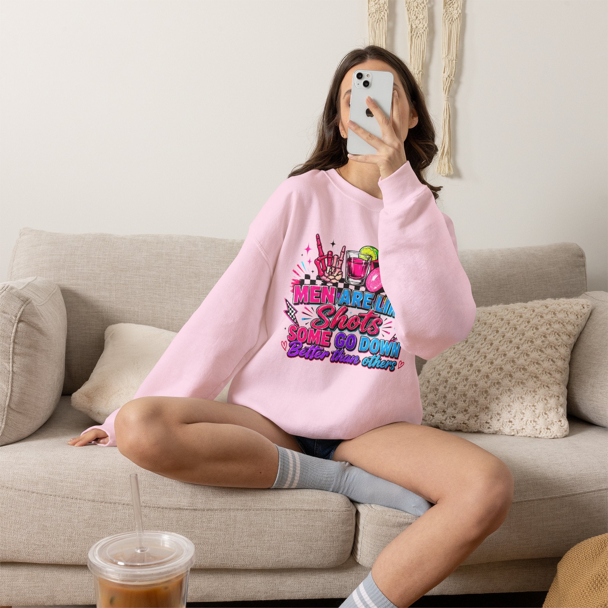 Crewneck Sweatshirt — "Men Are Like Shots" Retro Neon Cocktail Graphic