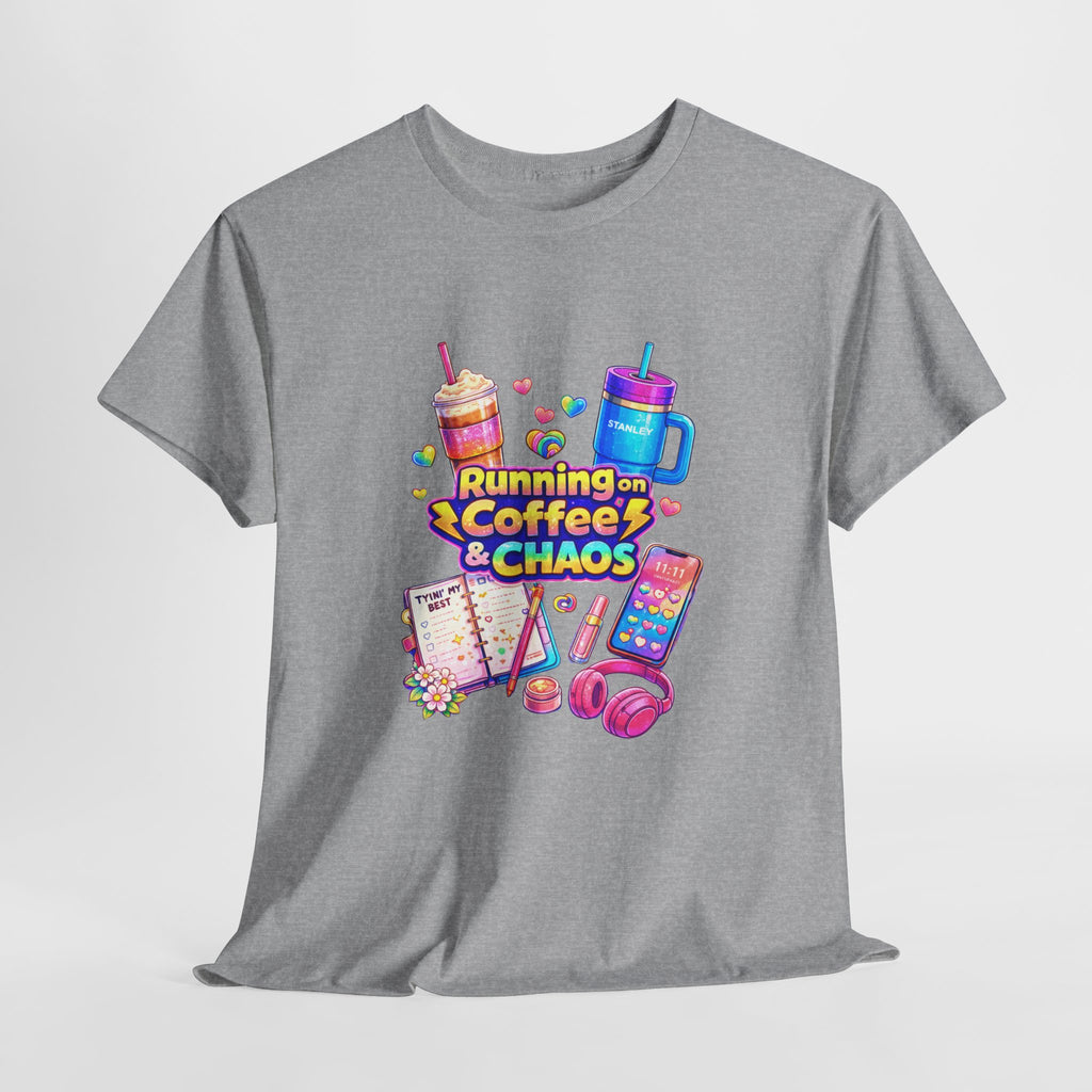Graphic Tee — "Running on Coffee & Chaos" Colorful Planner Lover Shirt