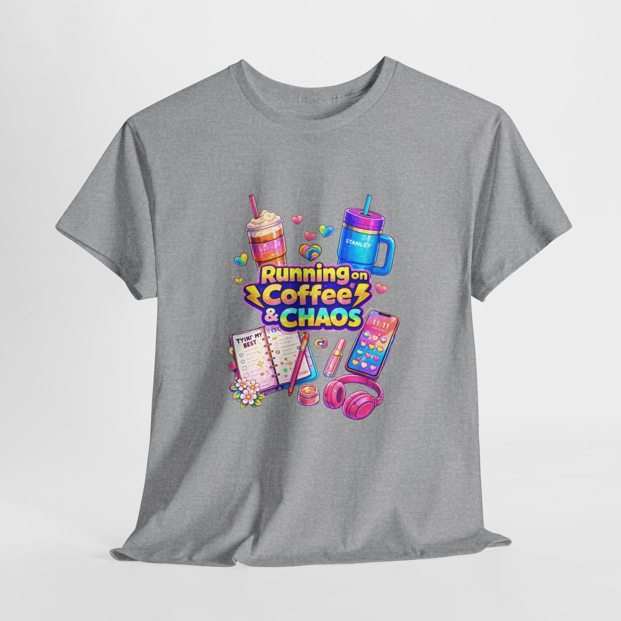 Graphic Tee — "Running on Coffee & Chaos" Colorful Planner Lover Shirt