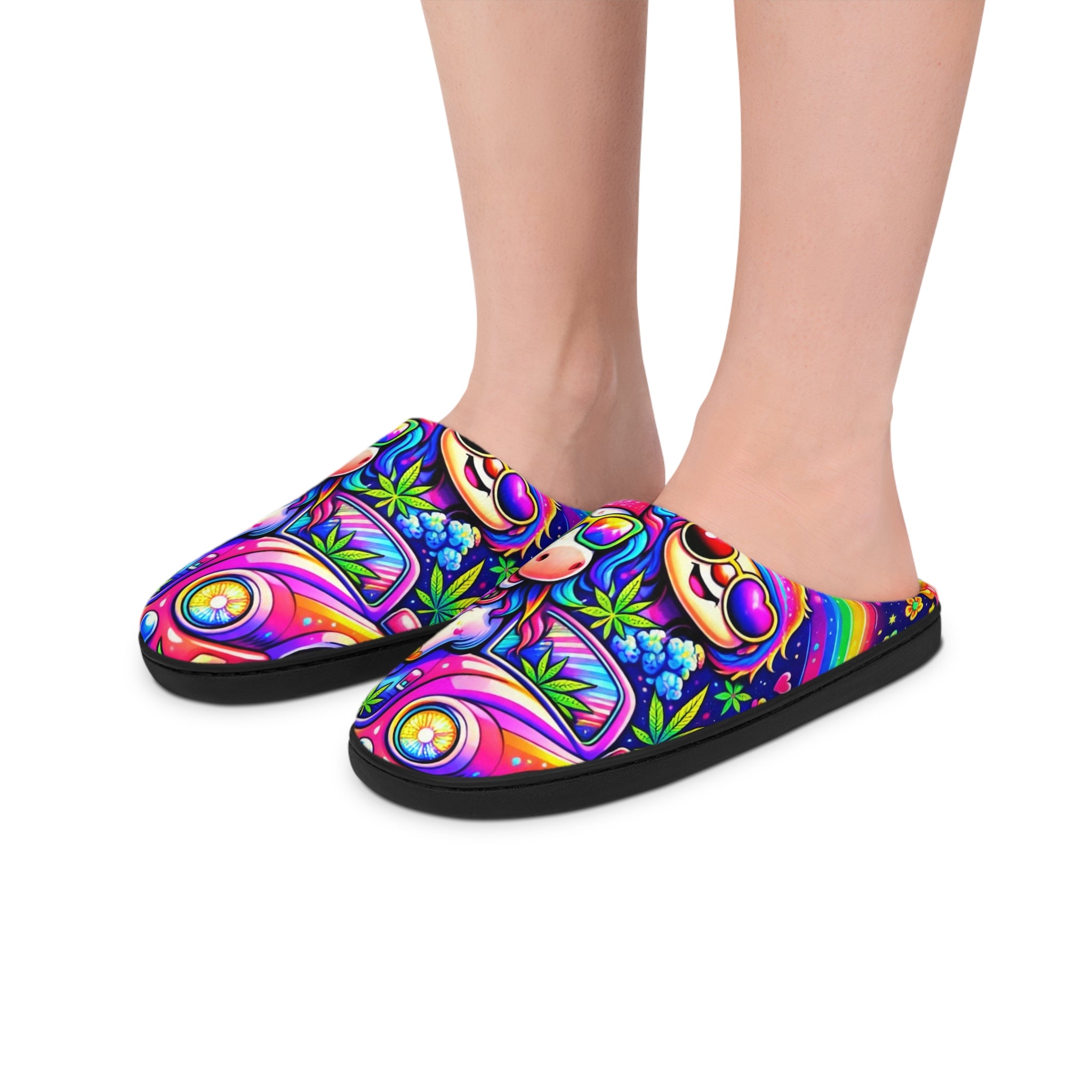 Colorful Unicorn Slippers — Psychedelic Rainbow Indoor House Shoes for Women