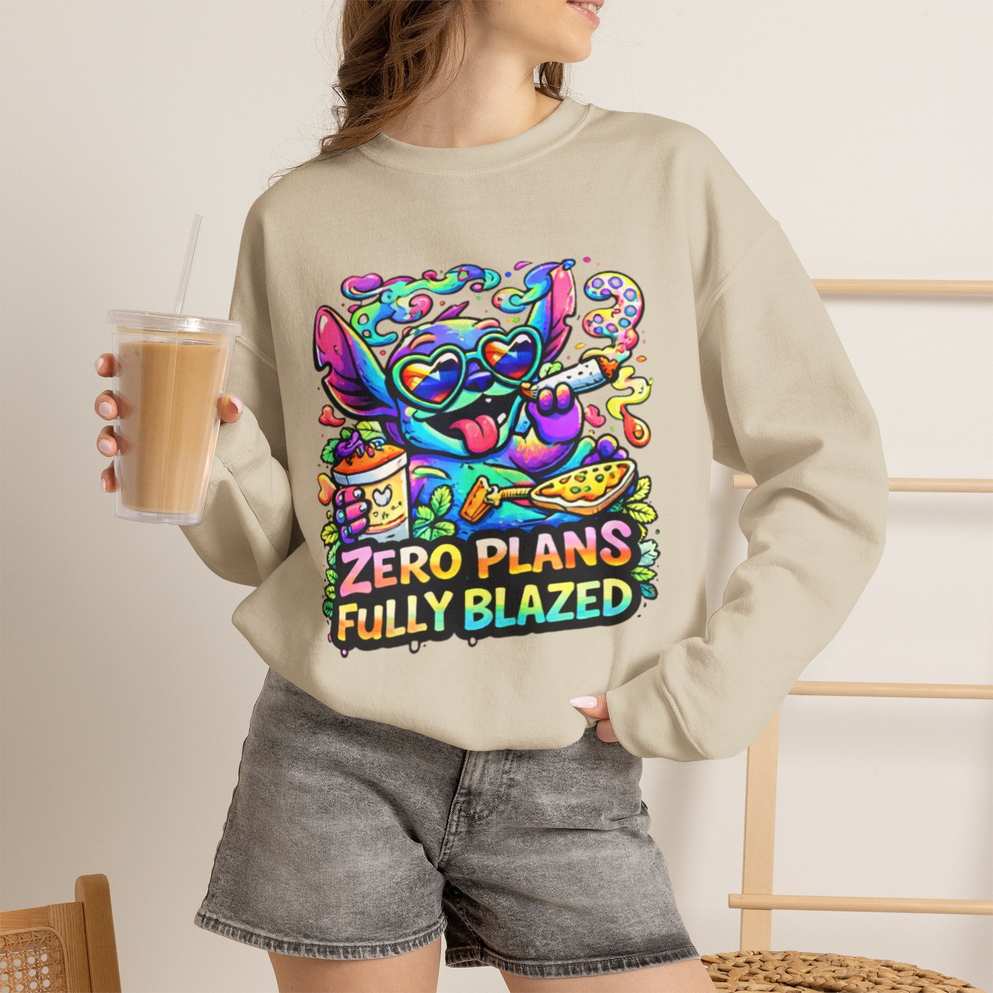 Crewneck Sweatshirt — "Zero Plans Fully Blazed" Colorful Stoner Cartoon Graphic