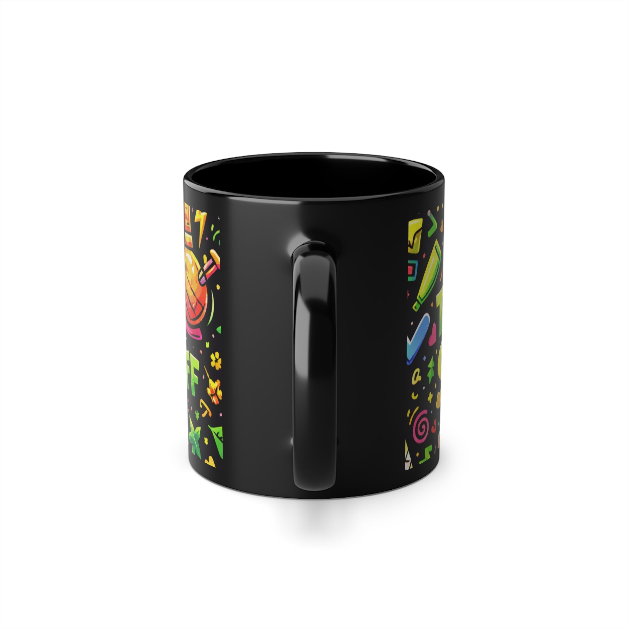 Puff Party Black Coffee Mug — 11oz Colorful Cannabis Doodles & 'Puff Puff Pass' Design