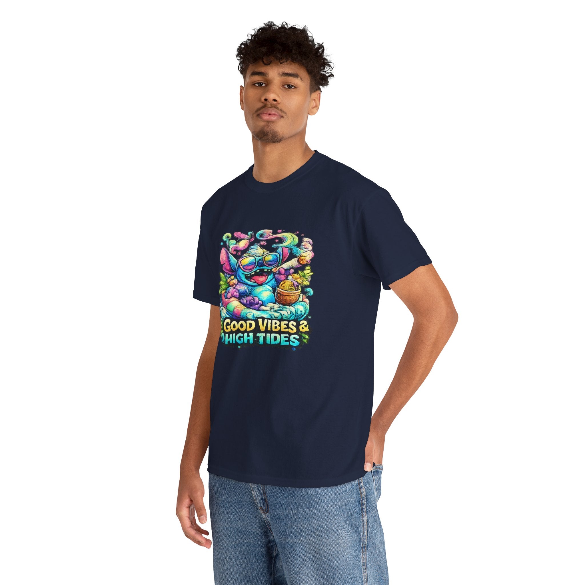 T-Shirt — "Good Vibes & High Tides" Colorful Surf Shark Graphic Tee