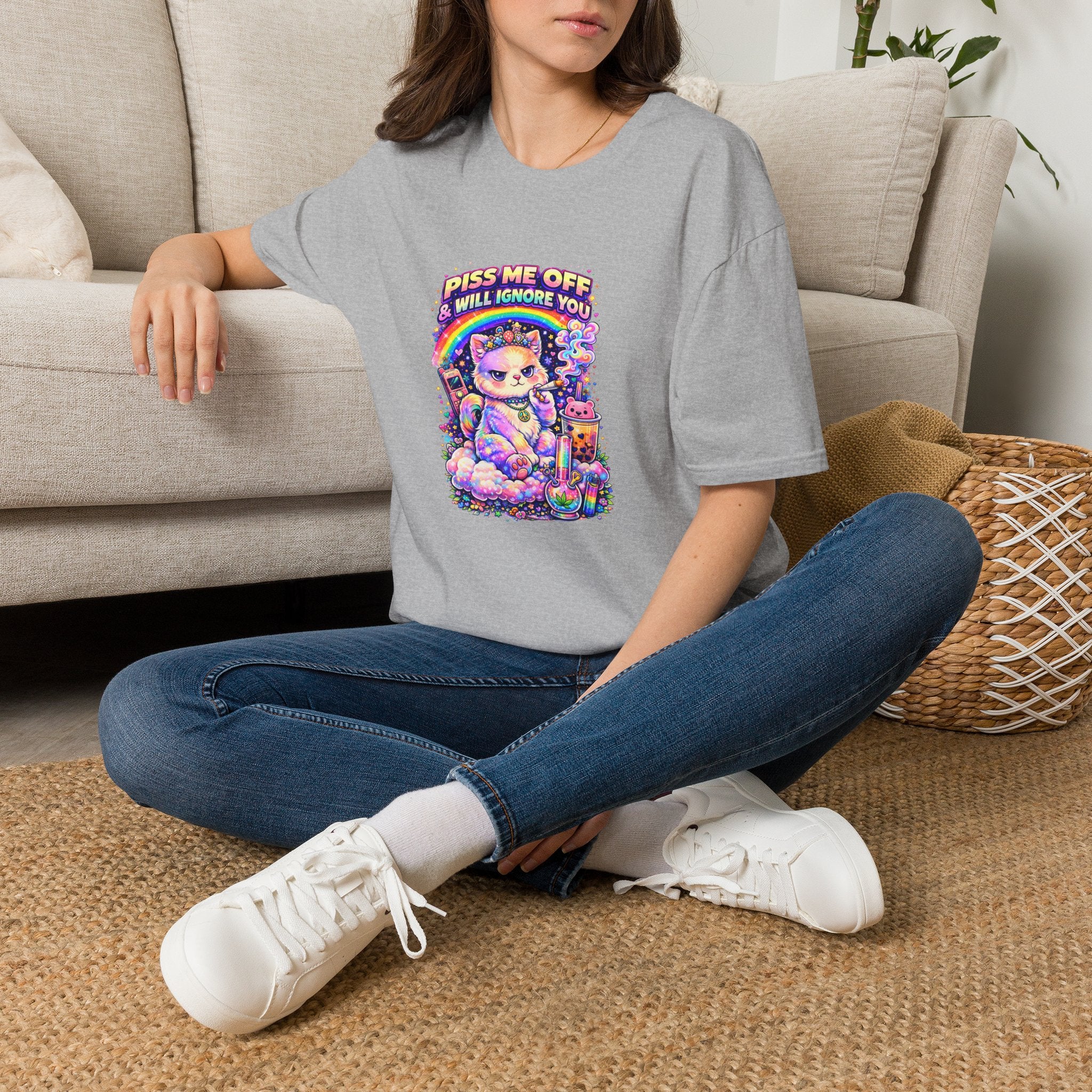 Graphic T-Shirt — "Piss Me Off & I Will Ignore You" Cute Grumpy Cat Rainbow Design
