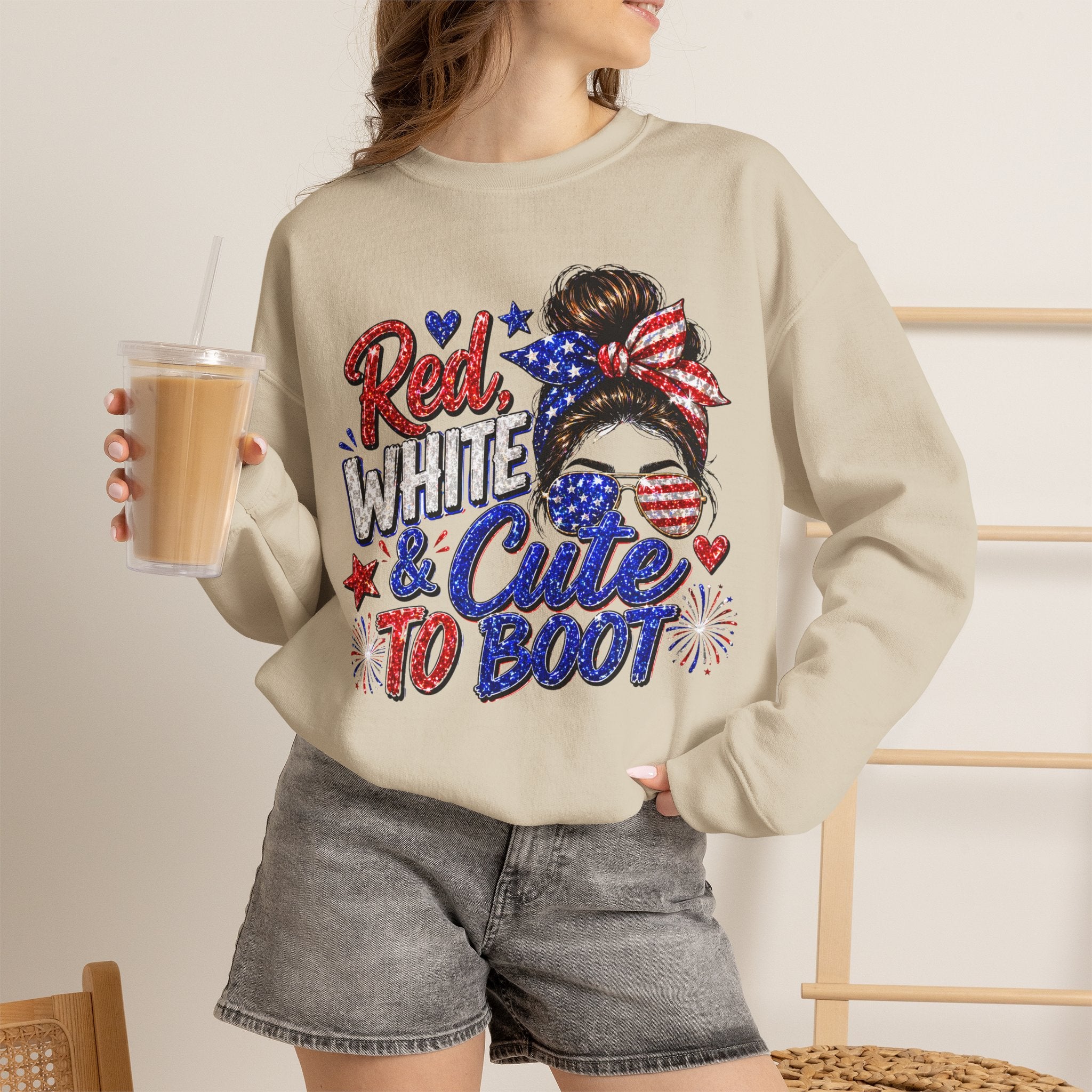 Crewneck Sweatshirt - "Red, White & Cute to Boot" Patriotic Women’s Graphic