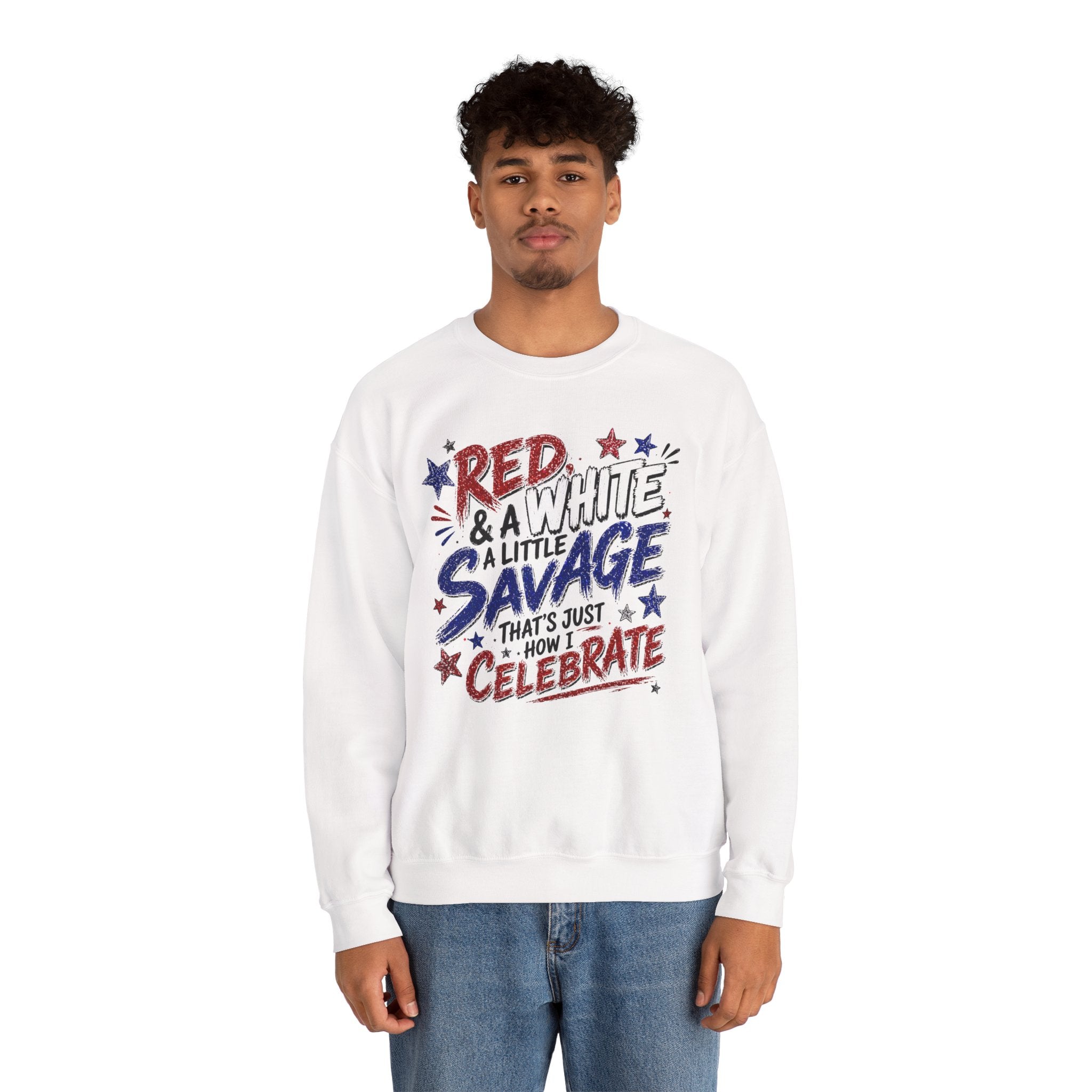 Crewneck Sweatshirt — "Red & White & A Little Savage" Patriotic 4th of July Pullover