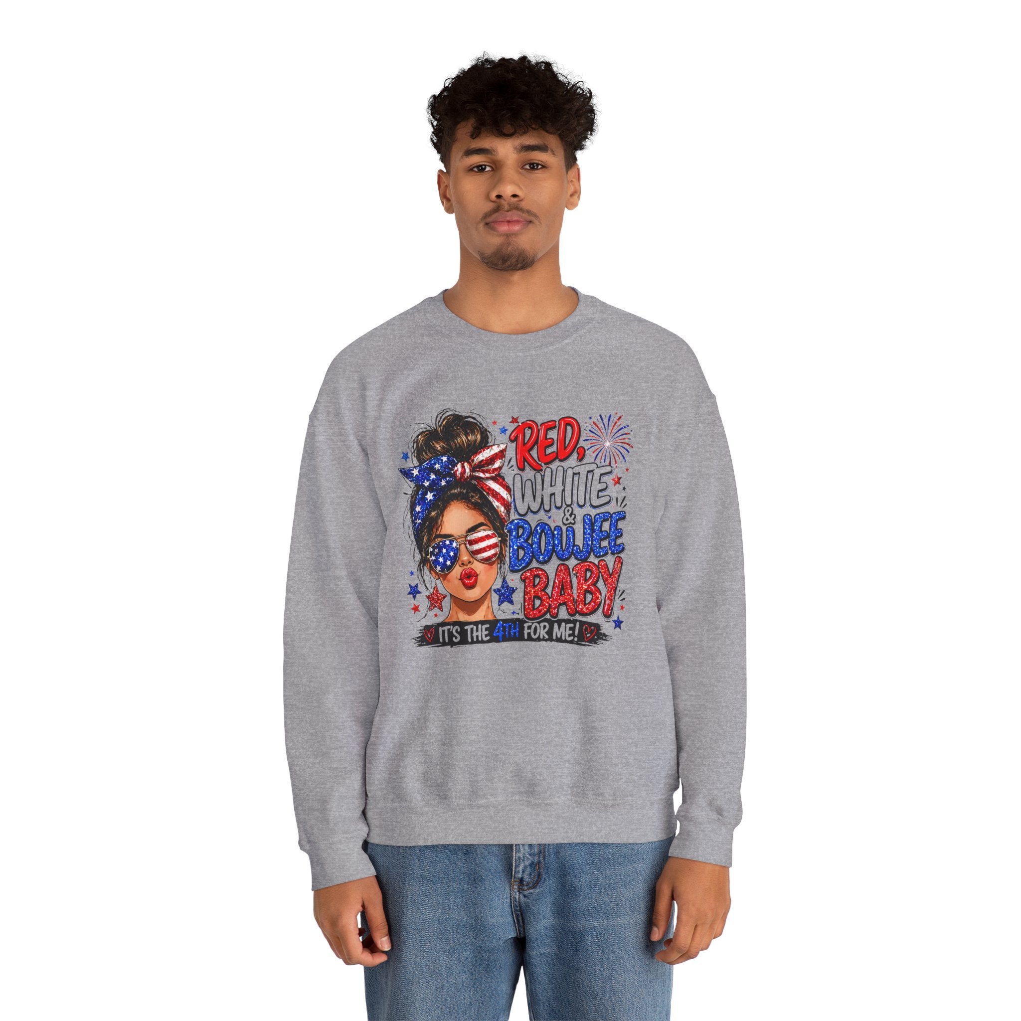 Crewneck Sweatshirt — "Red White Boujee Baby" Patriotic Women's 4th of July Graphic