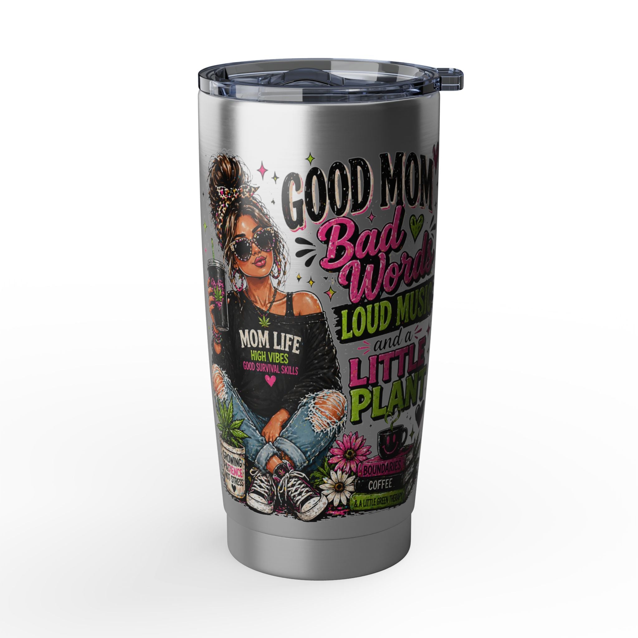 Mom Life 20oz Tumbler – 'Mom with Coffee, Plants & Music' Insulated Travel Cup