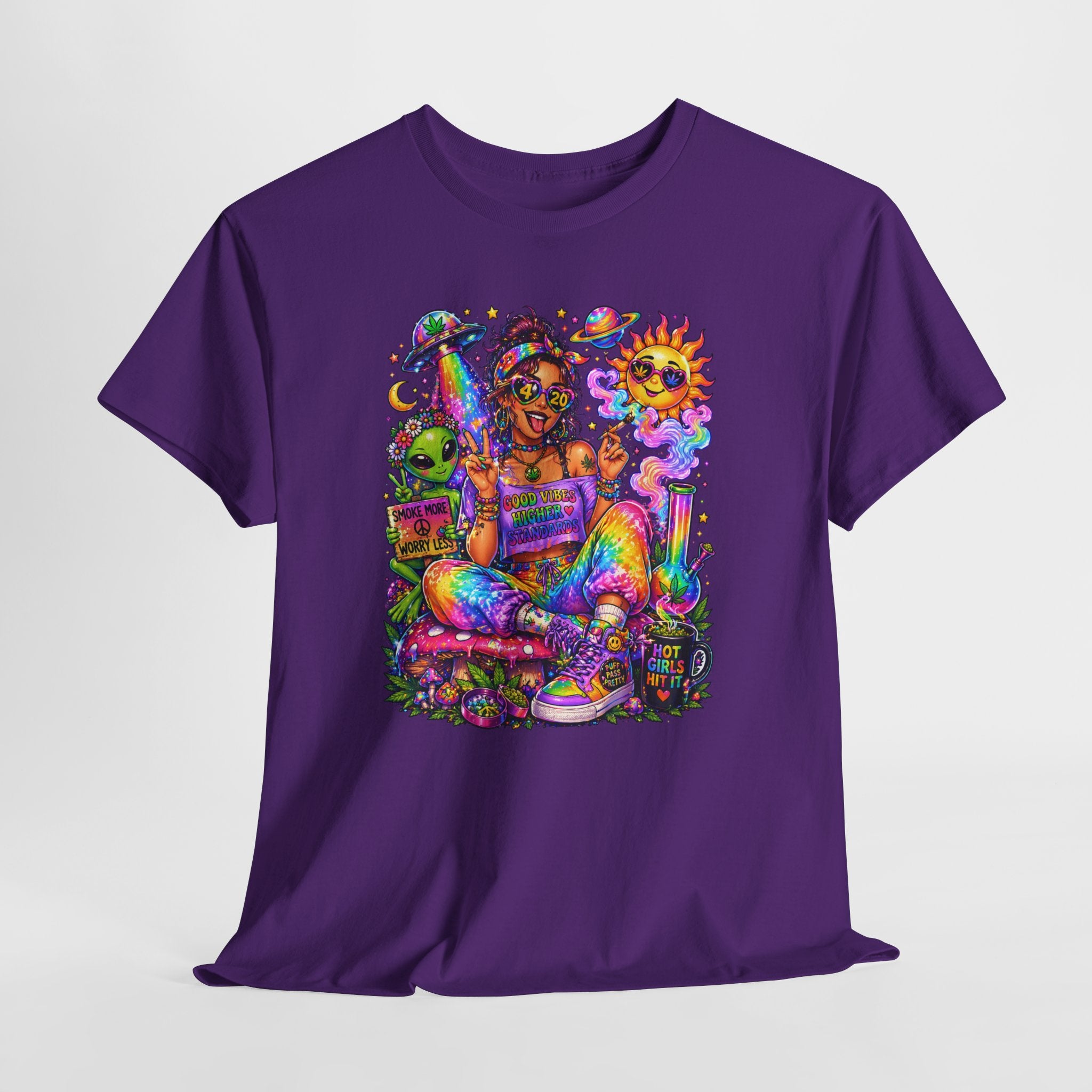 Psychedelic Hippie Girl T-Shirt — Colorful Boho Sun, Mushroom & Alien Graphic Tee