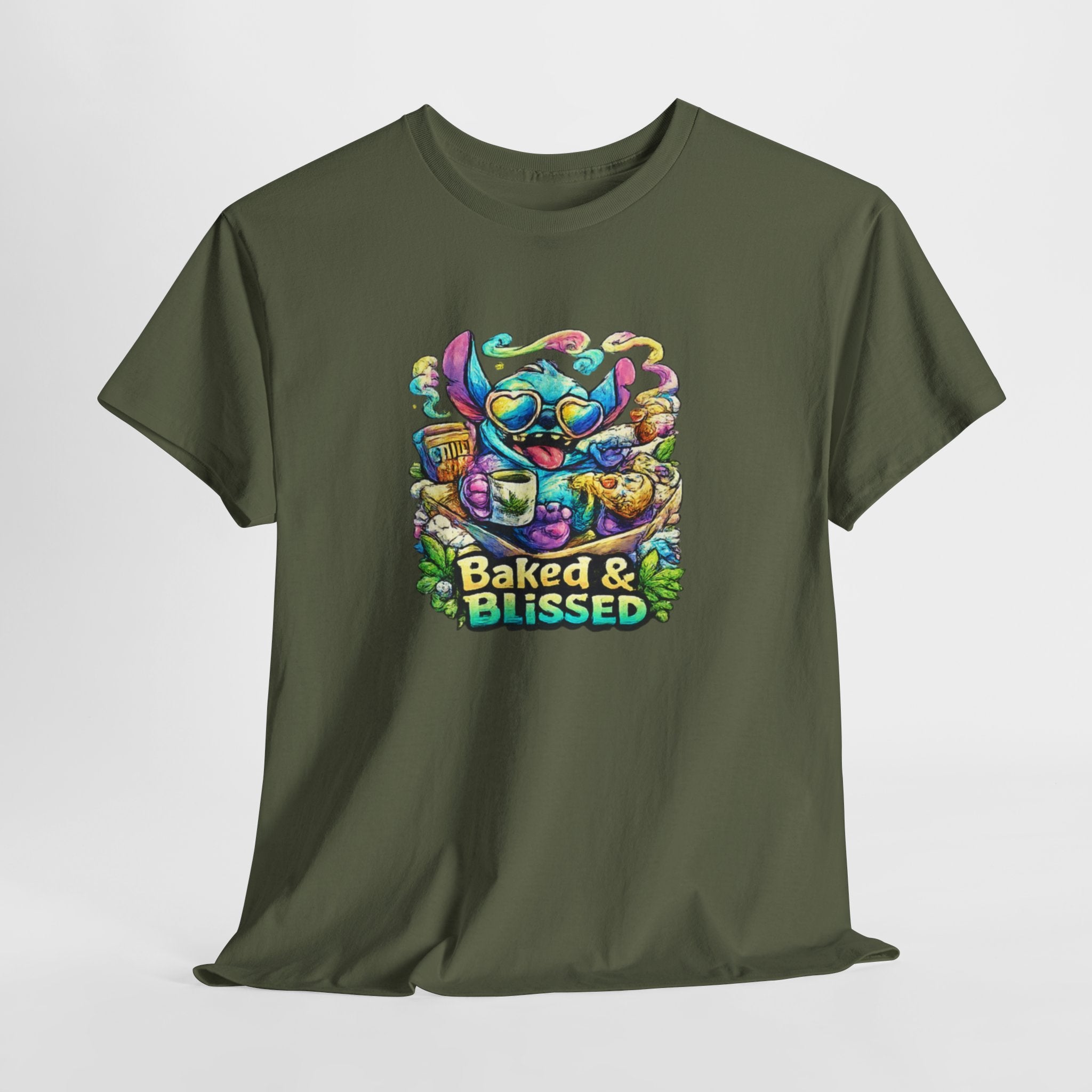 T-Shirt — Colorful 'Baked & Blissed' Cartoon Dessert Graphic Tee