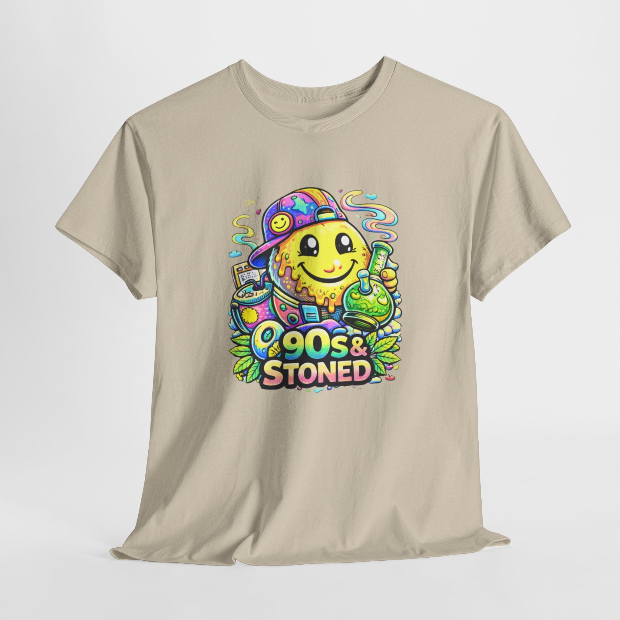 90s & Stoned Smiley Tee — Retro Vaporwave Cannabis Graphic T-Shirt